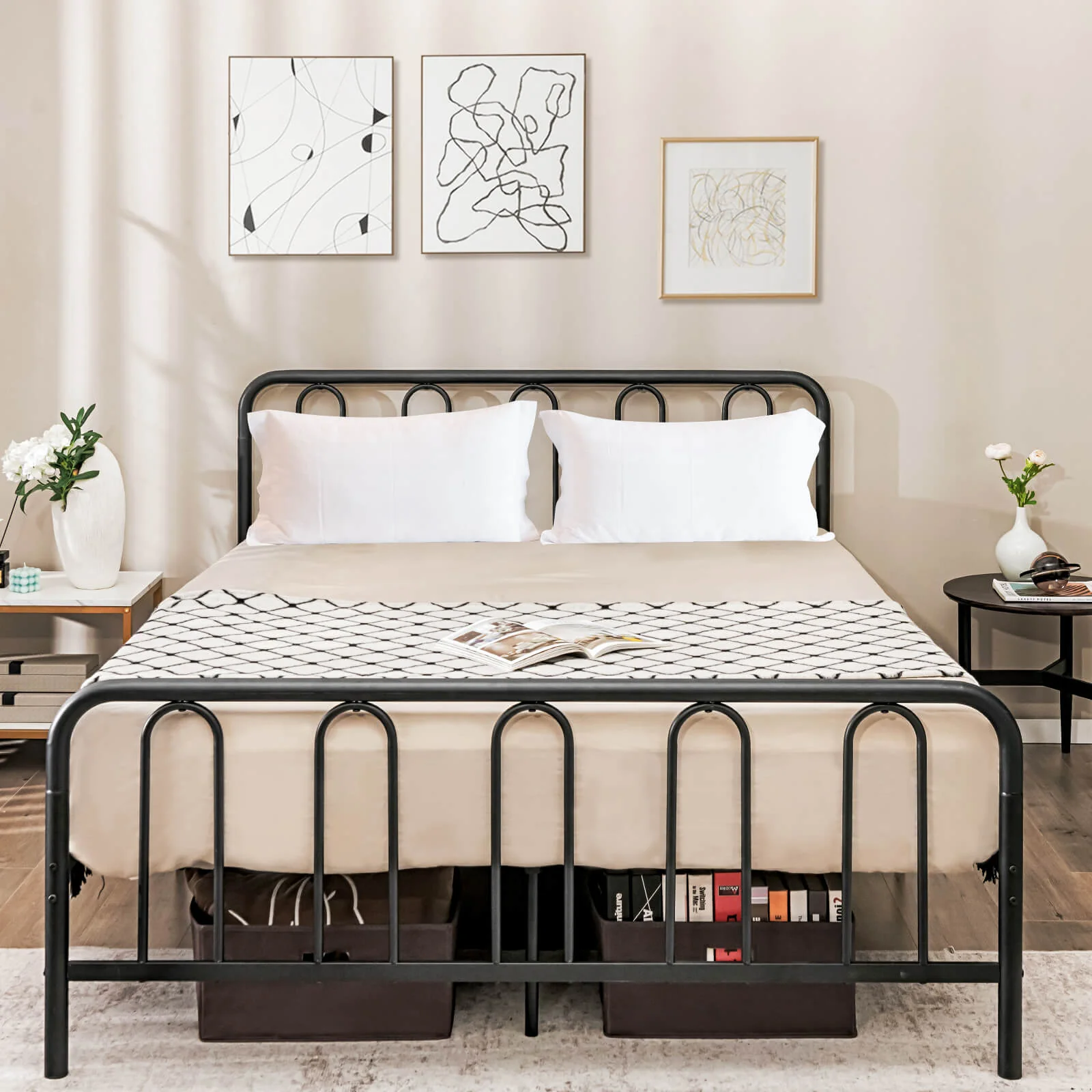Queen Size Metal Bed Frame With Headboard, Footboard, Black - Image 2