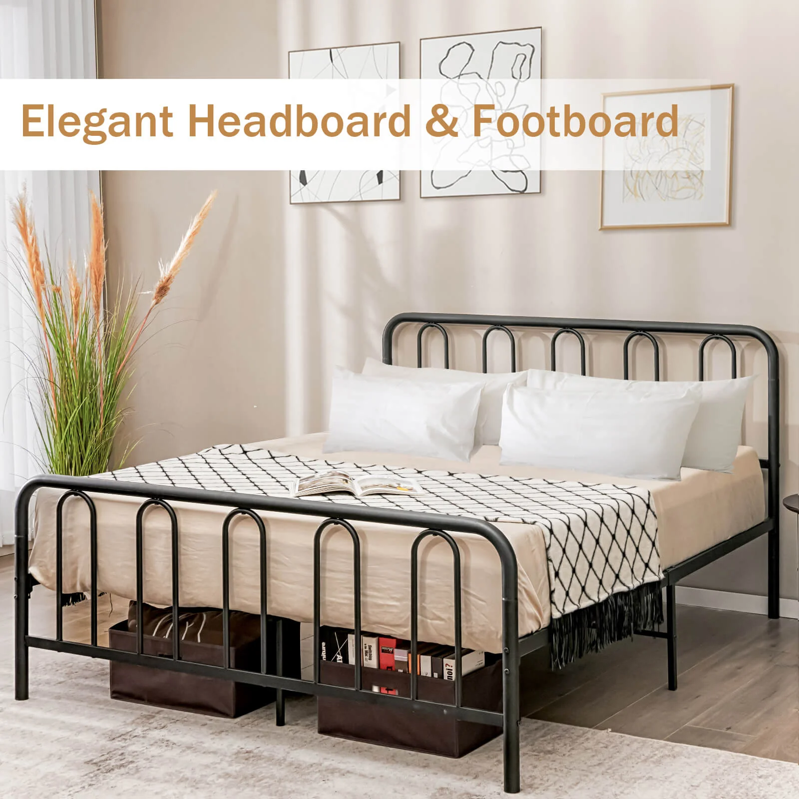 Queen Size Metal Bed Frame With Headboard, Footboard, Black - Image 3