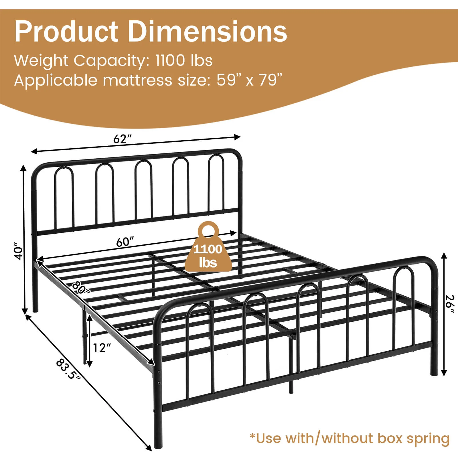 Queen Size Metal Bed Frame With Headboard, Footboard, Black - Image 5