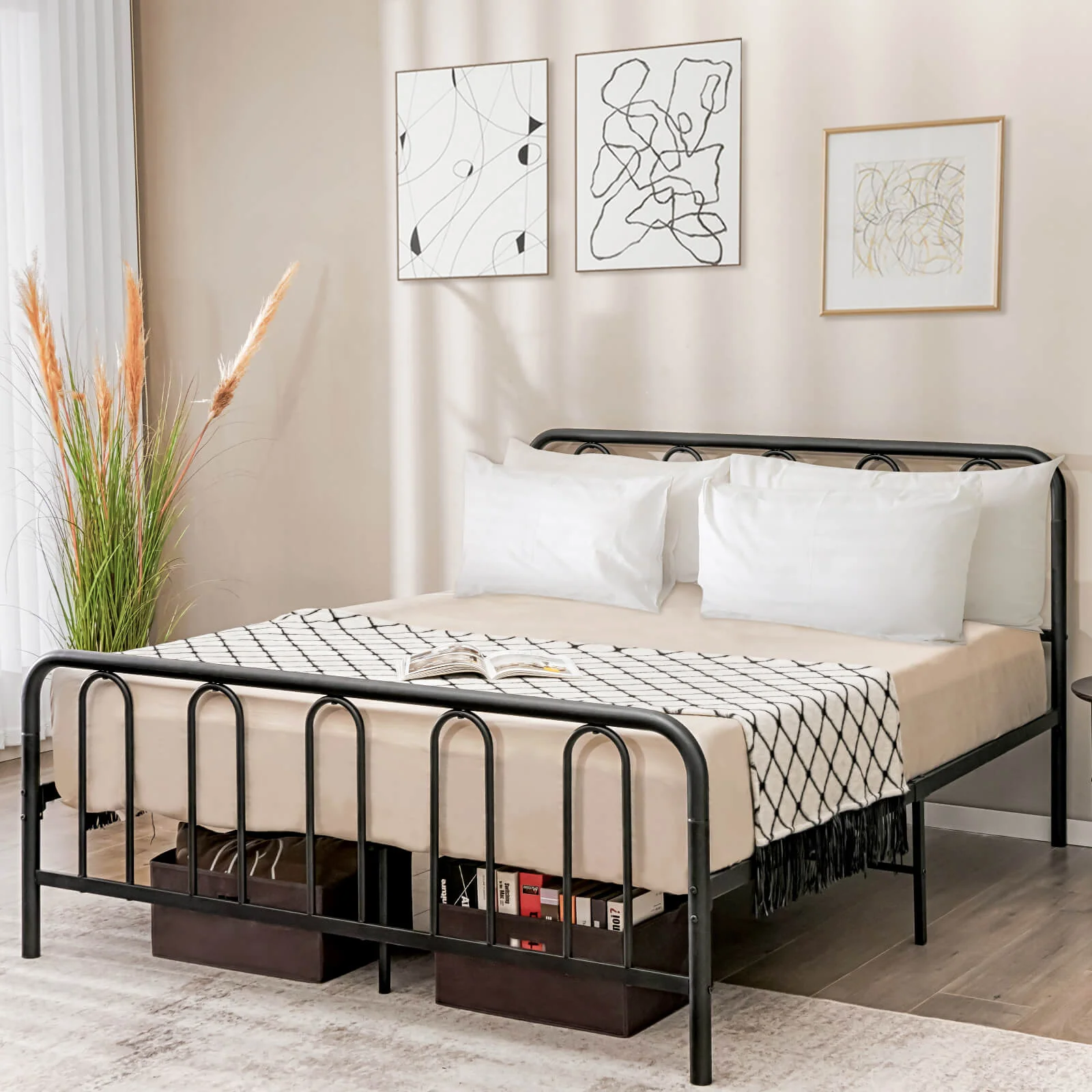 Queen Size Metal Bed Frame With Headboard, Footboard, Black - Image 6