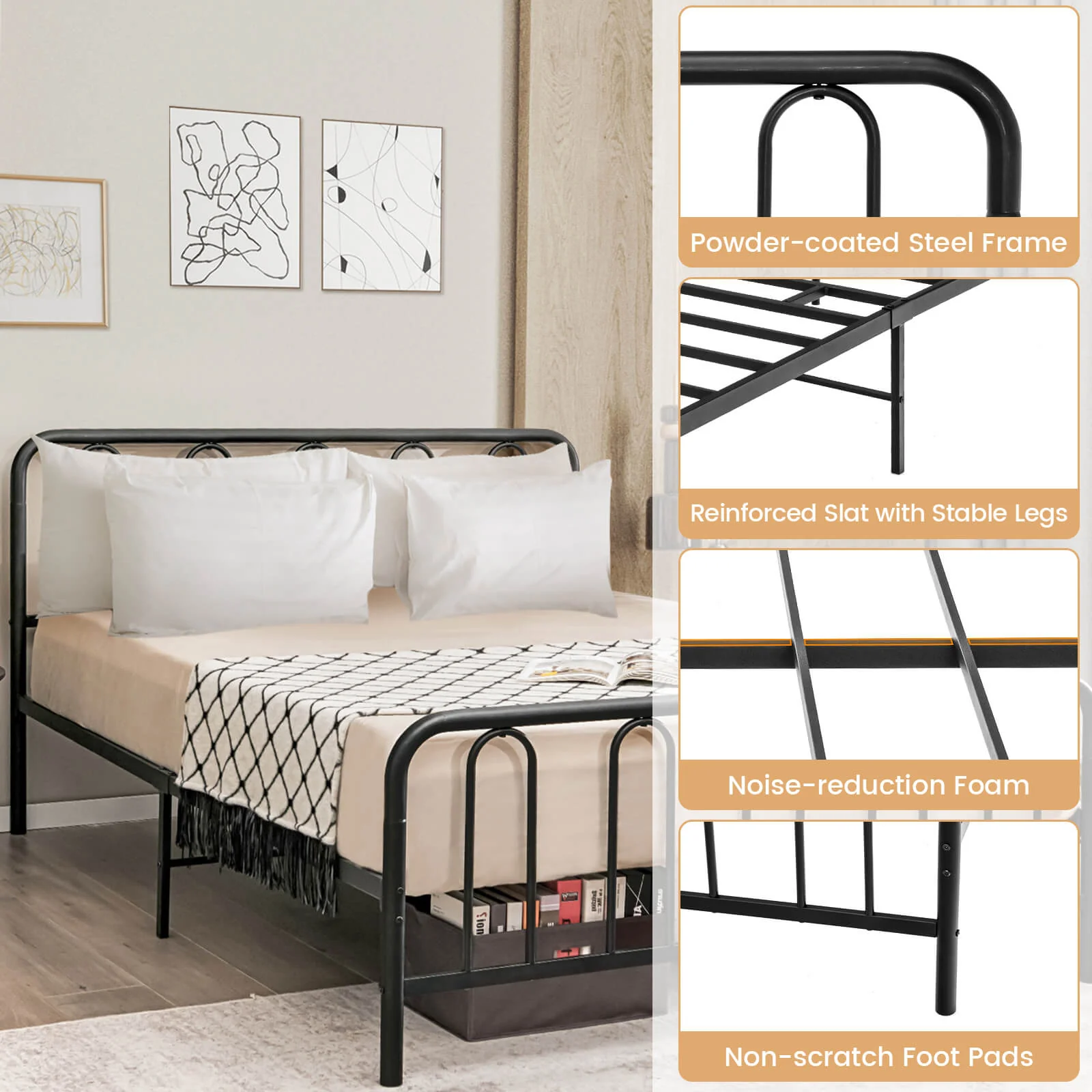 Queen Size Metal Bed Frame With Headboard, Footboard, Black - Image 8