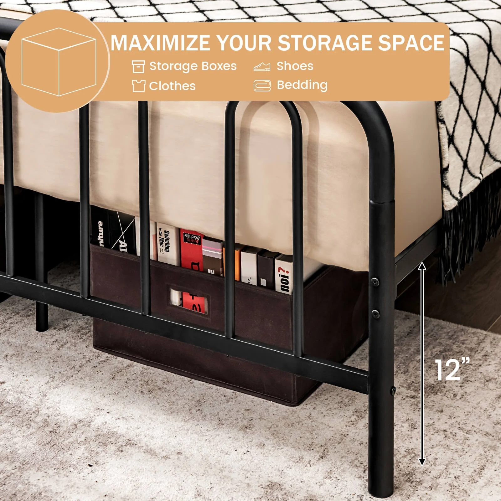 Queen Size Metal Bed Frame With Headboard, Footboard, Black - Image 9