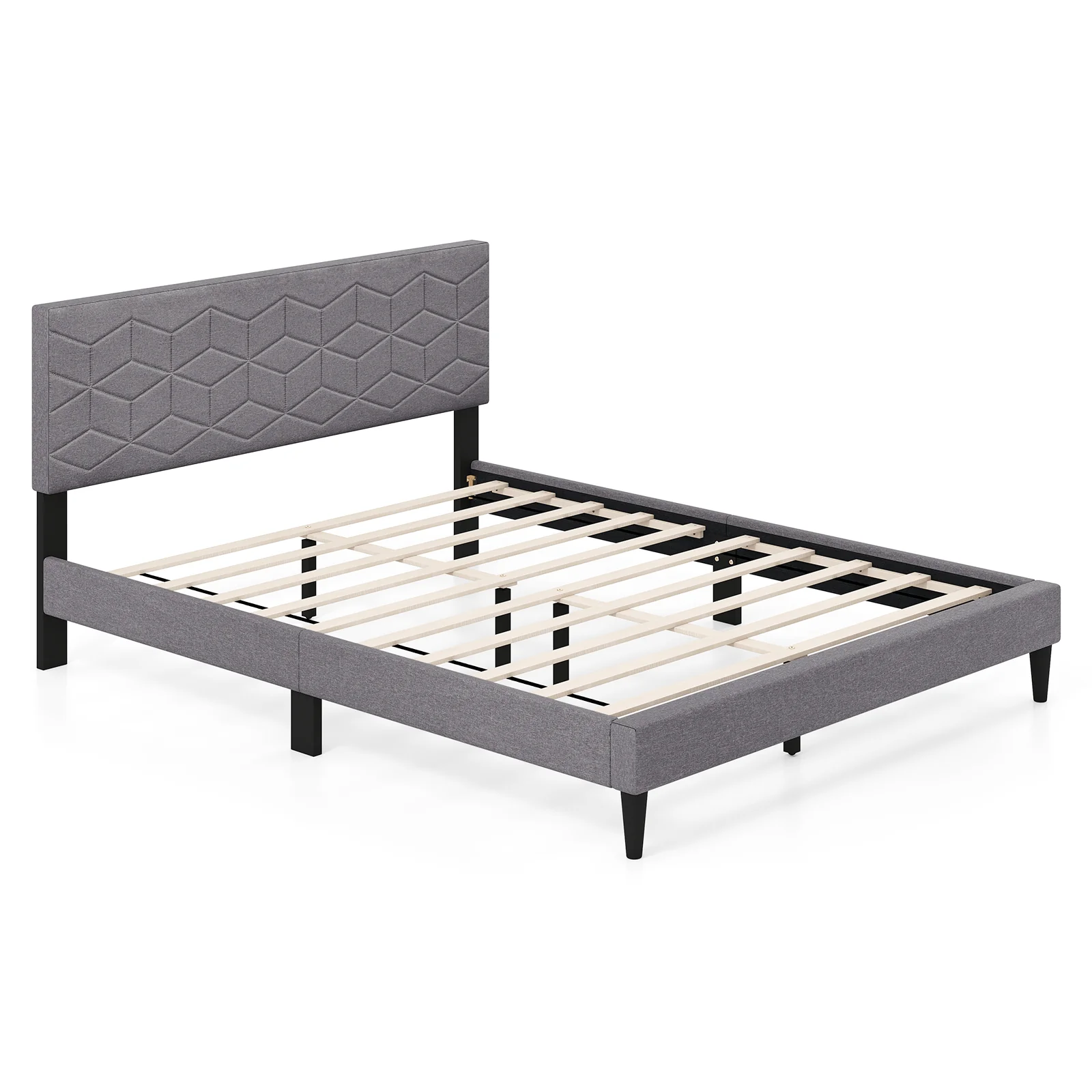 Queen Size Platform Bed Frame, Linen Upholstered Headboard, Gray - Image 4