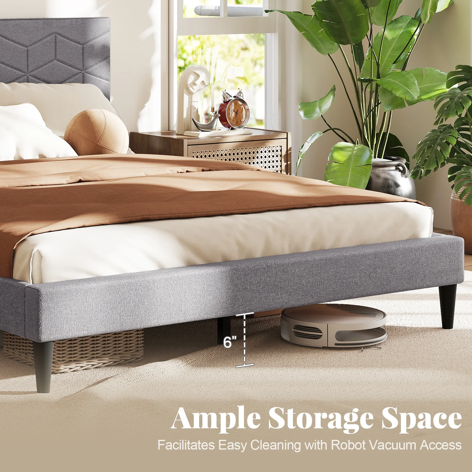Queen Size Platform Bed Frame, Linen Upholstered Headboard, Gray - Image 9