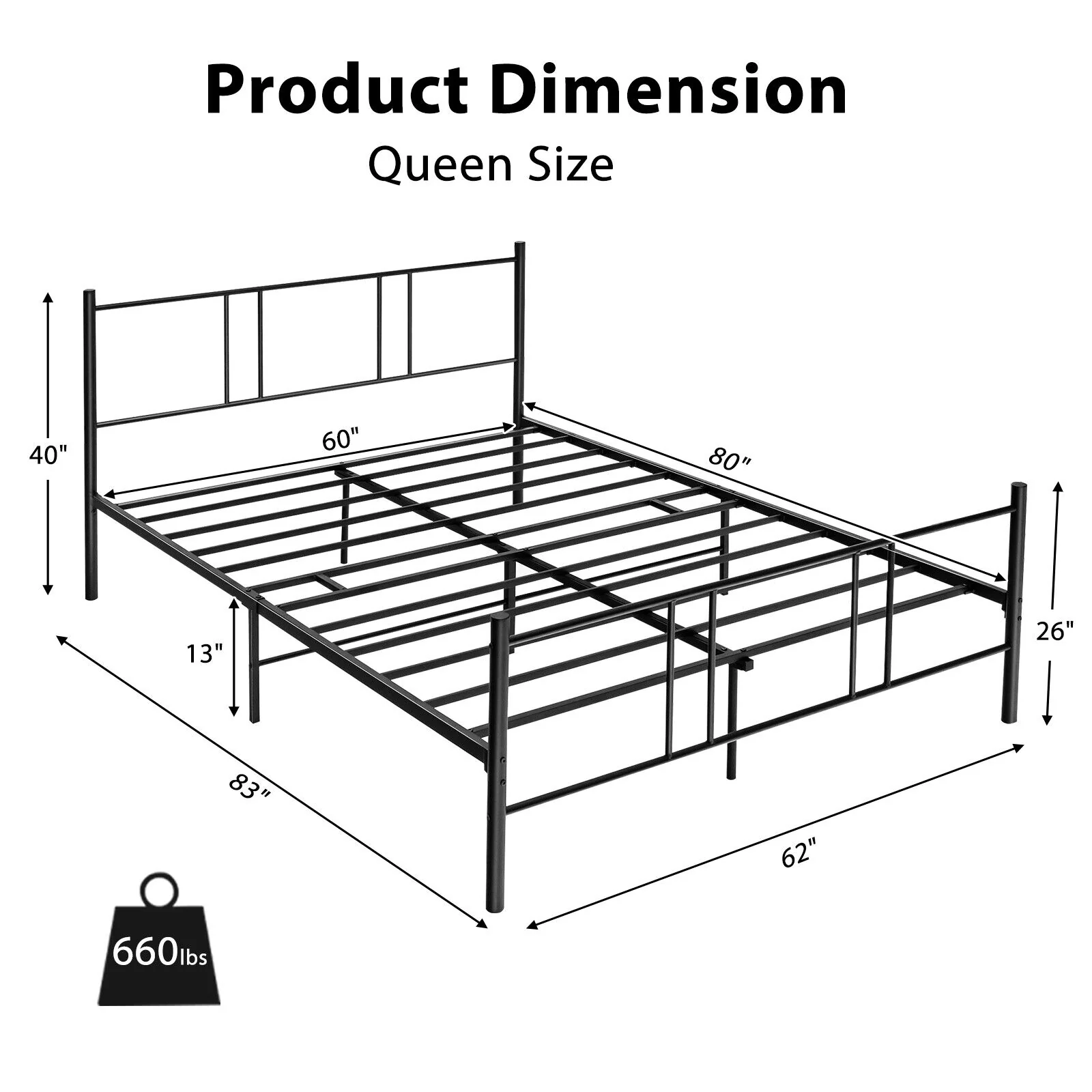Queen Size Platform Bed Frame With High Headboard, Black - Image 5