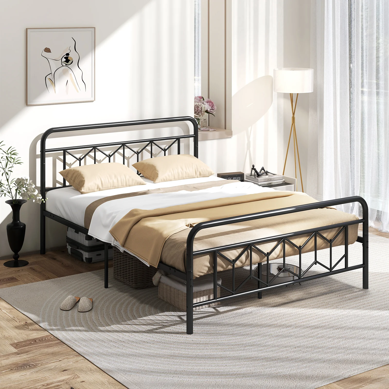 Queen Size Platform Bed, High Headboard, Snap Lock Metal Slats, Black - Image 2