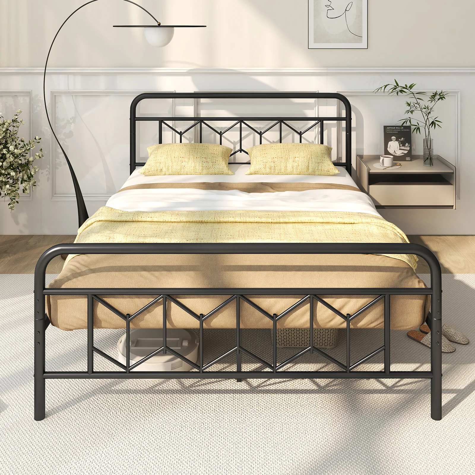 Queen Size Platform Bed, High Headboard, Snap Lock Metal Slats, Black - Image 6