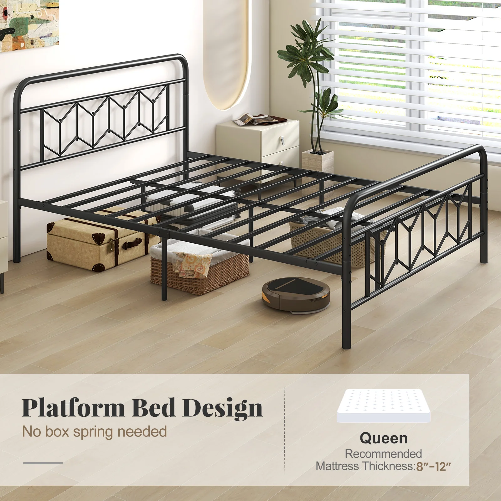 Queen Size Platform Bed, High Headboard, Snap Lock Metal Slats, Black - Image 8