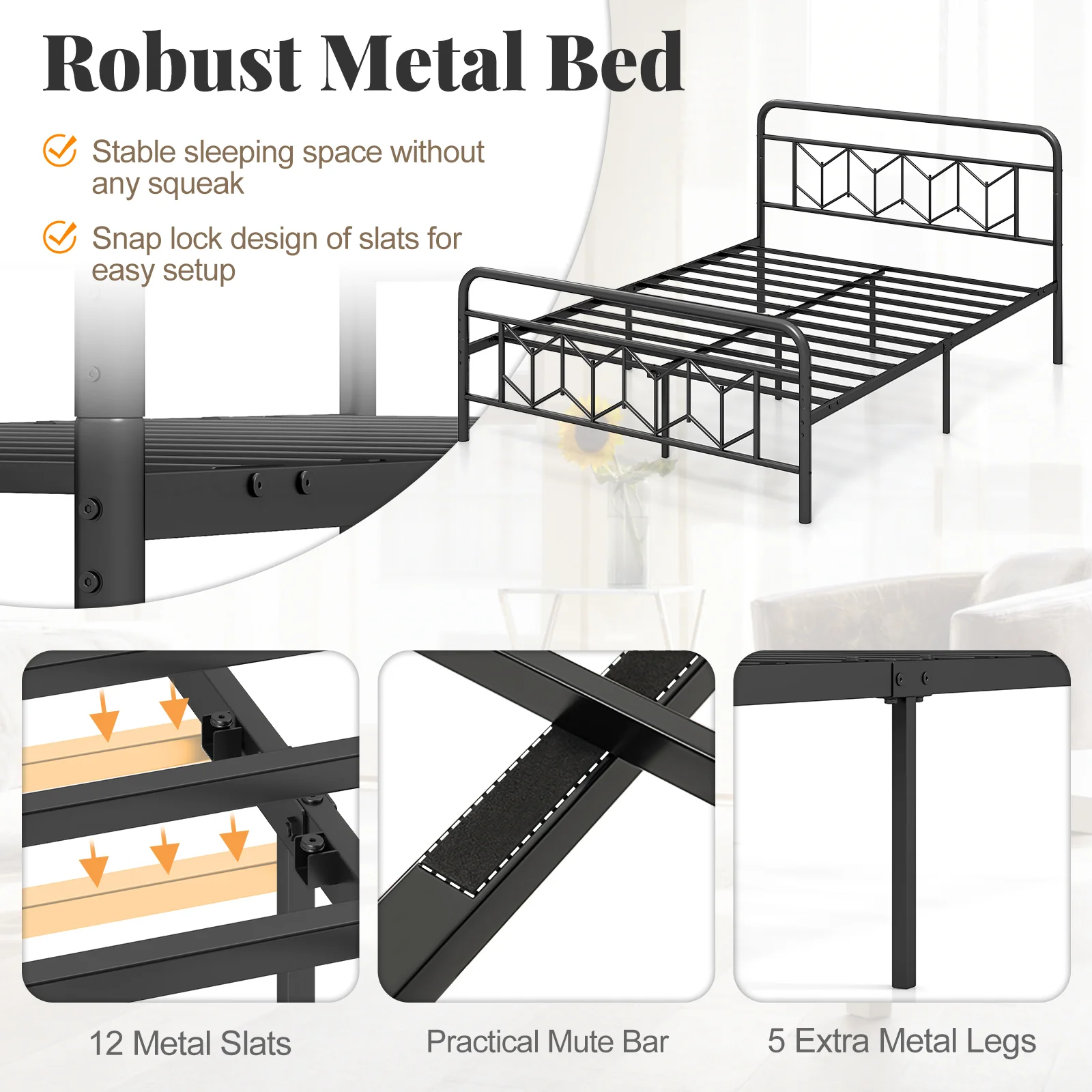 Queen Size Platform Bed, High Headboard, Snap Lock Metal Slats, Black - Image 9