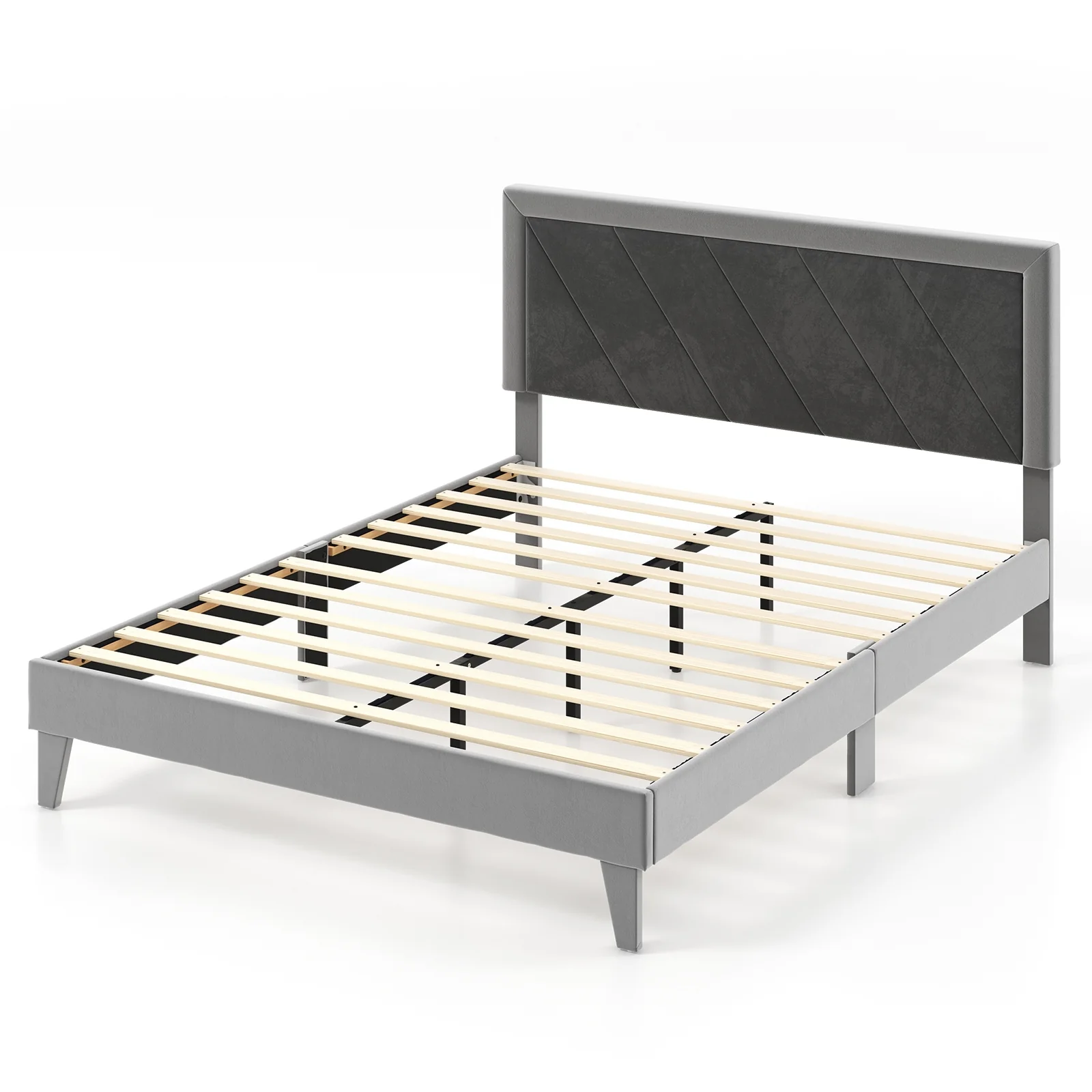 Queen Size Platform Bed With High Headboard, Wooden Slats, Black Gray