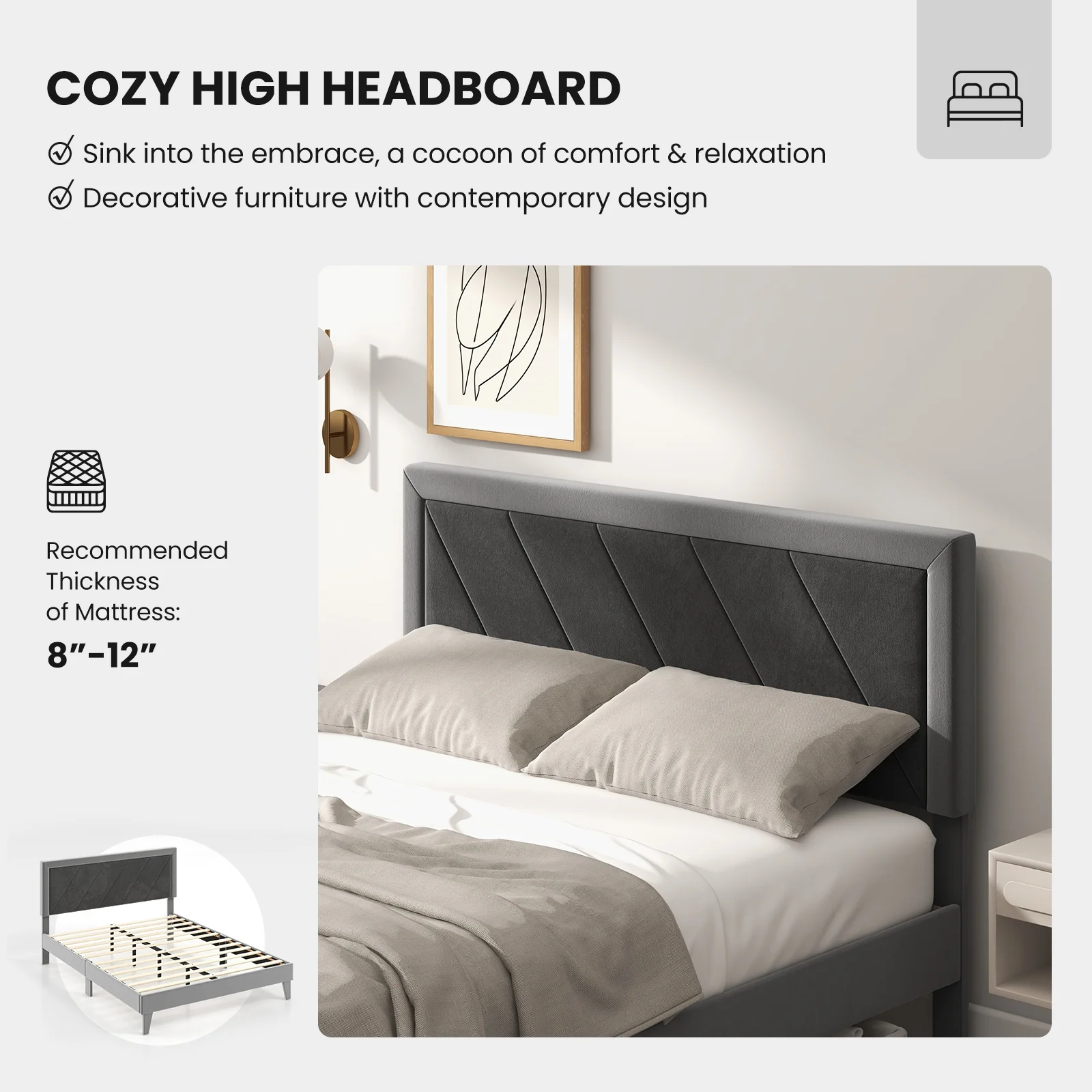 Queen Size Platform Bed With High Headboard, Wooden Slats, Black Gray - Image 10
