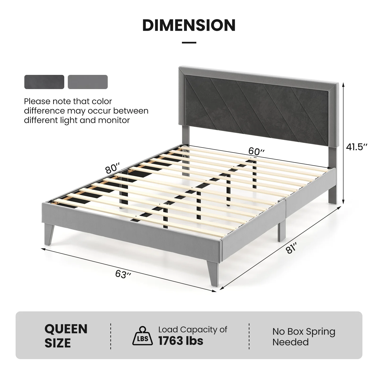 Queen Size Platform Bed With High Headboard, Wooden Slats, Black Gray - Image 5