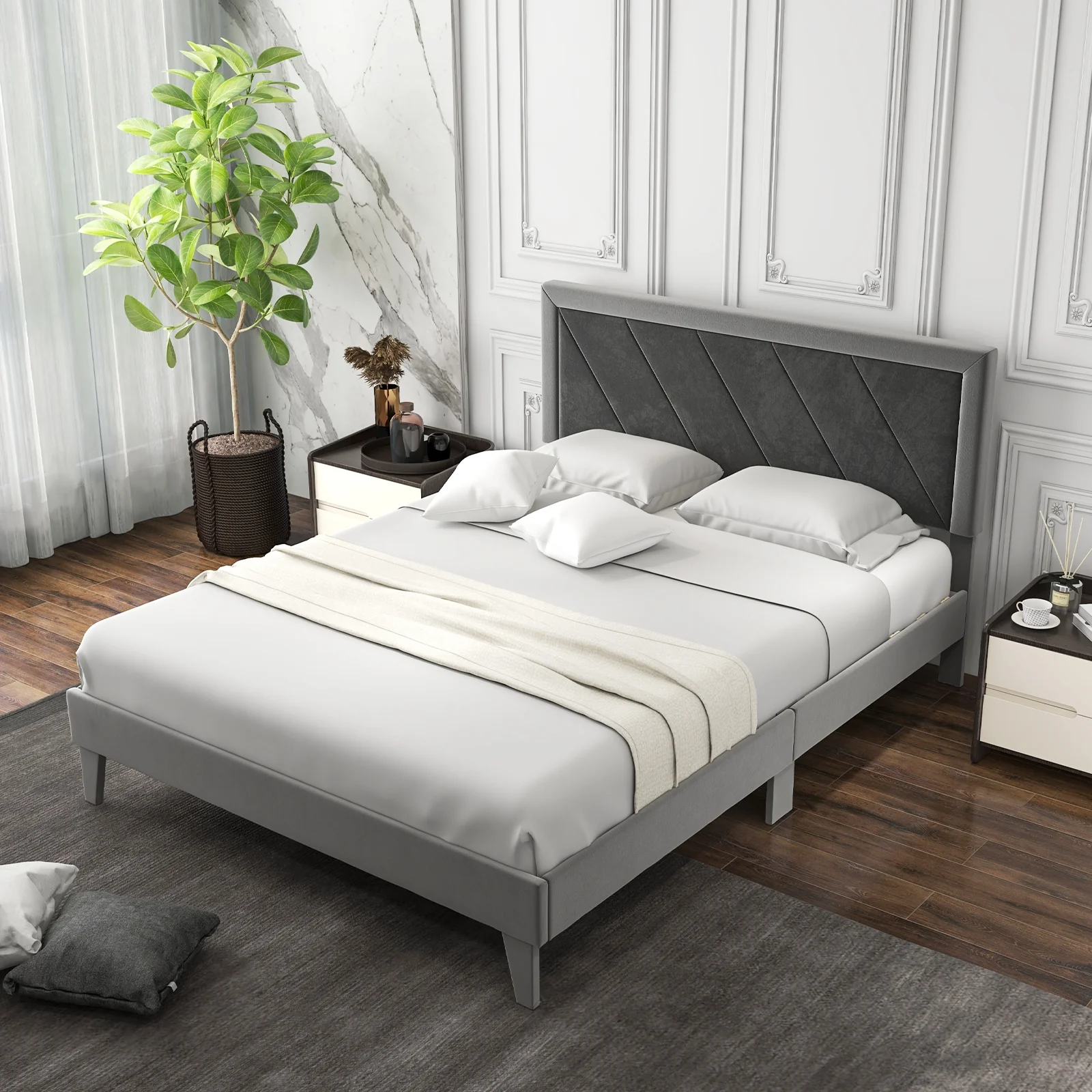 Queen Size Platform Bed With High Headboard, Wooden Slats, Black Gray - Image 7