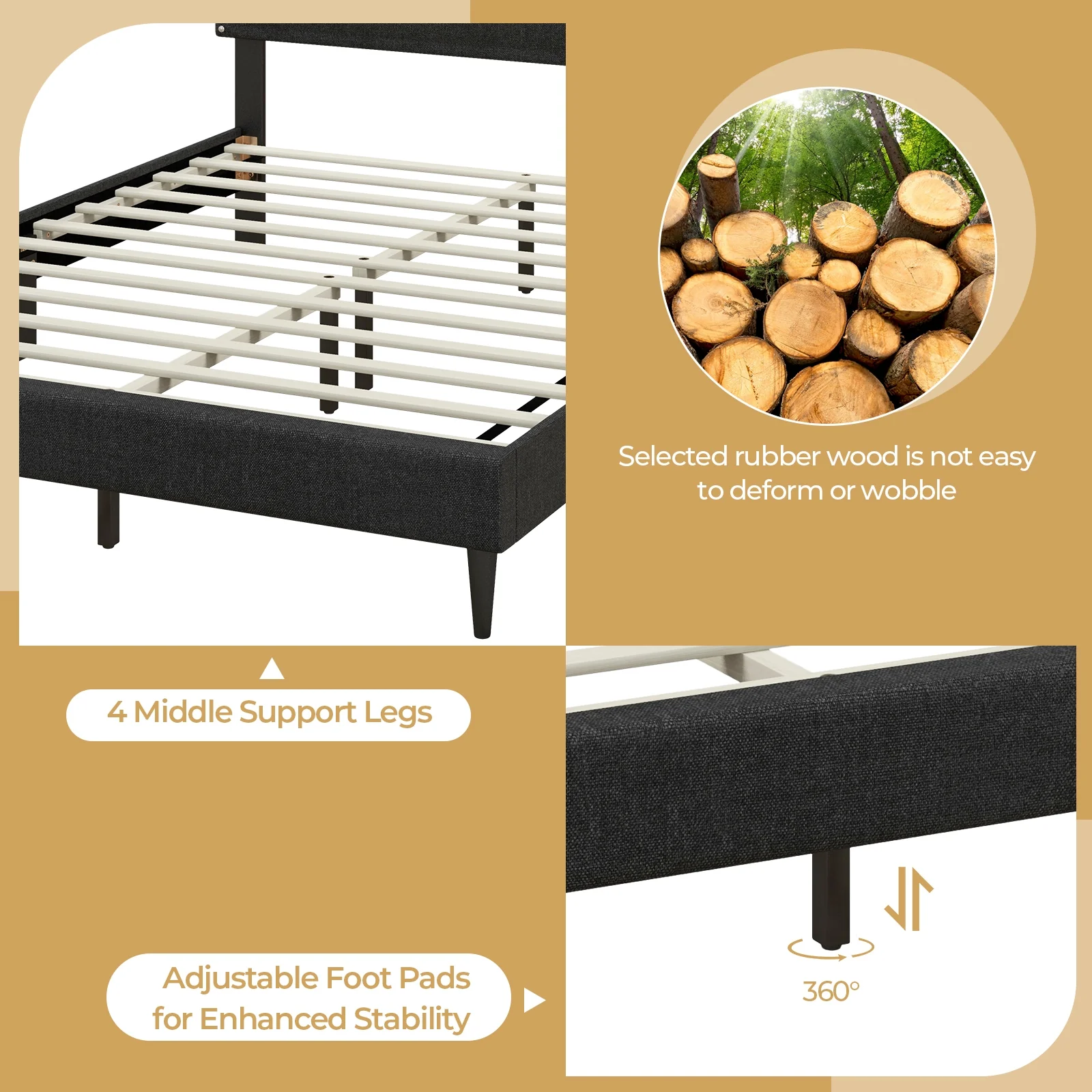 Queen Size Upholstered Bed Frame, Nailhead Trim Headboard, Black - Image 10