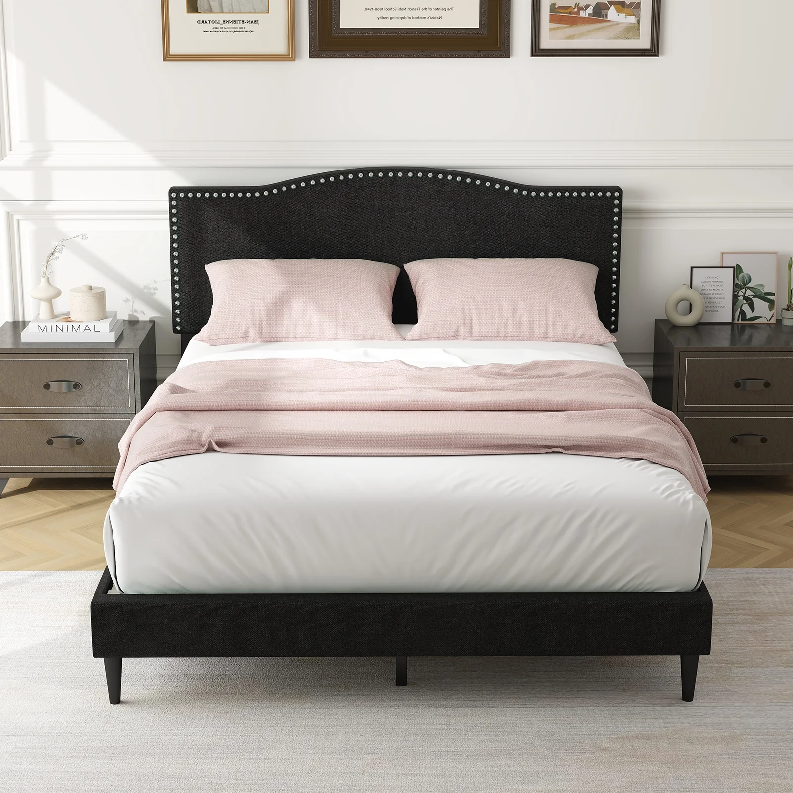 Queen Size Upholstered Bed Frame, Nailhead Trim Headboard, Black - Image 3