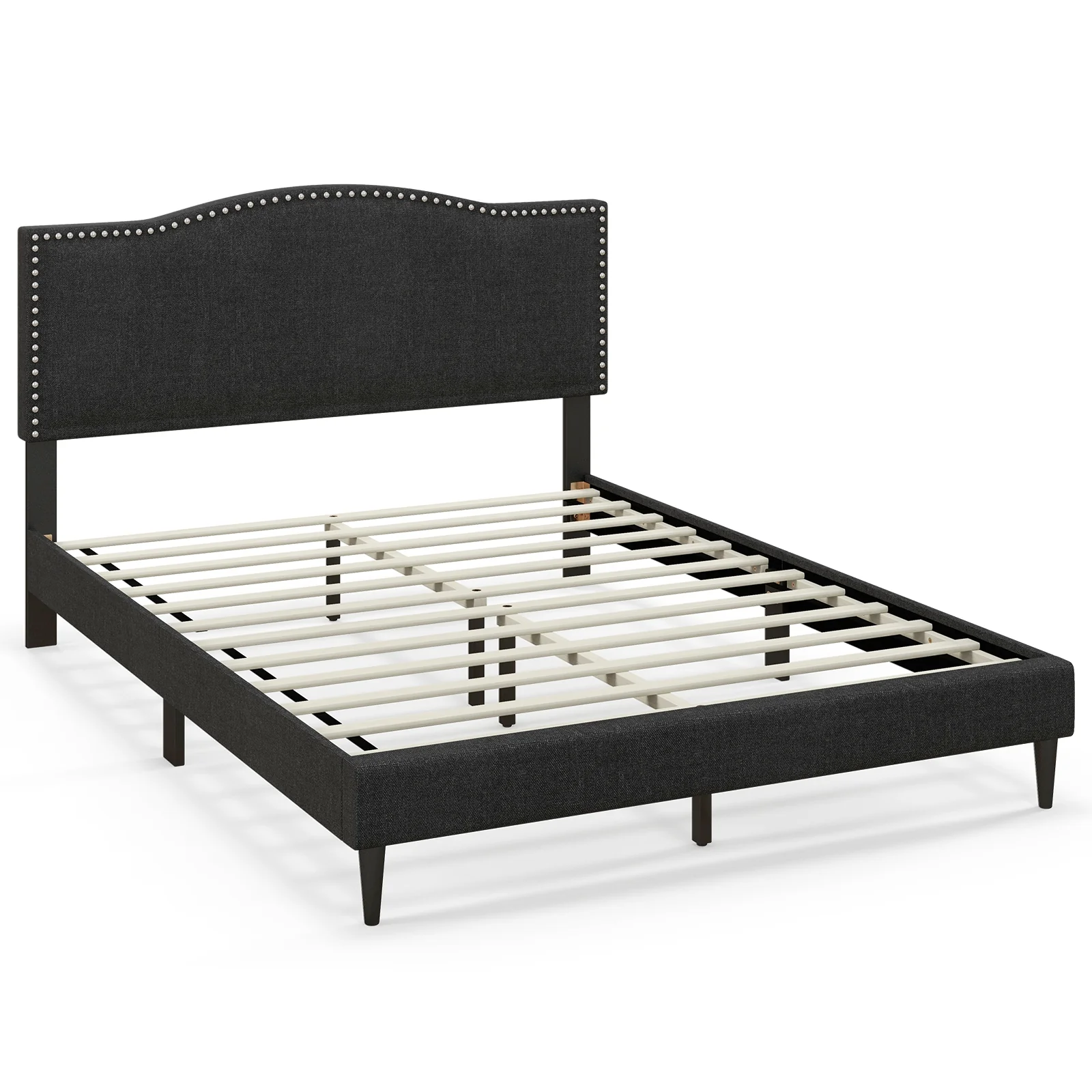 Queen Size Upholstered Bed Frame, Nailhead Trim Headboard, Black - Image 4