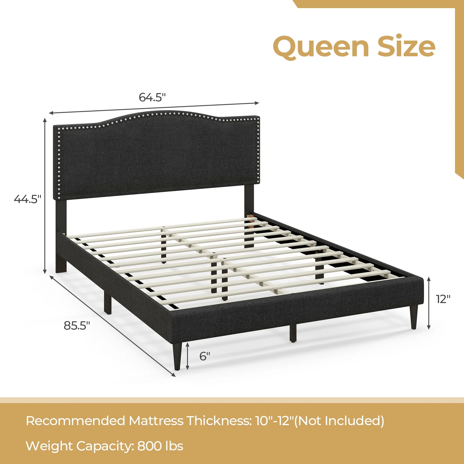 Queen Size Upholstered Bed Frame, Nailhead Trim Headboard, Black - Image 5