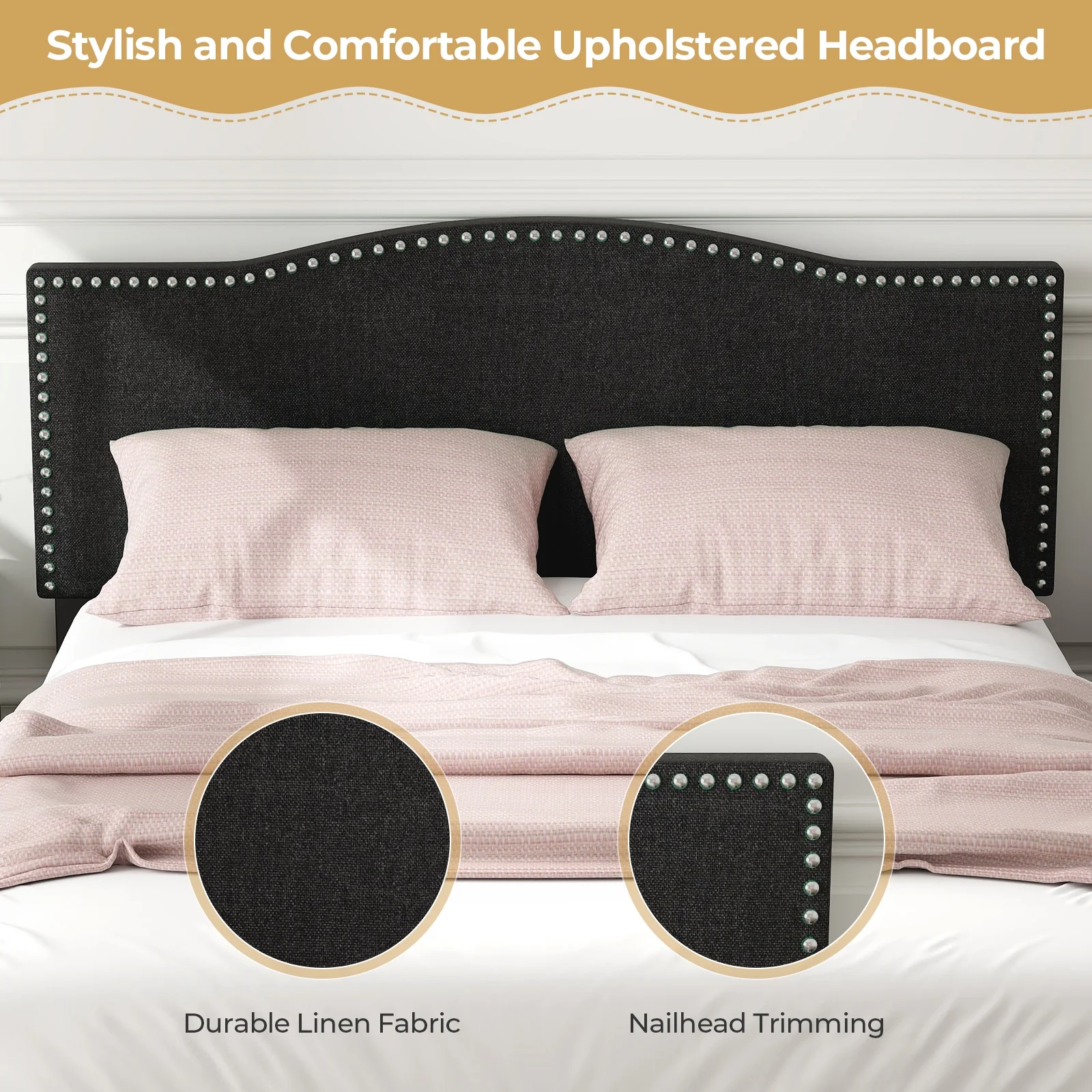 Queen Size Upholstered Bed Frame, Nailhead Trim Headboard, Black - Image 7