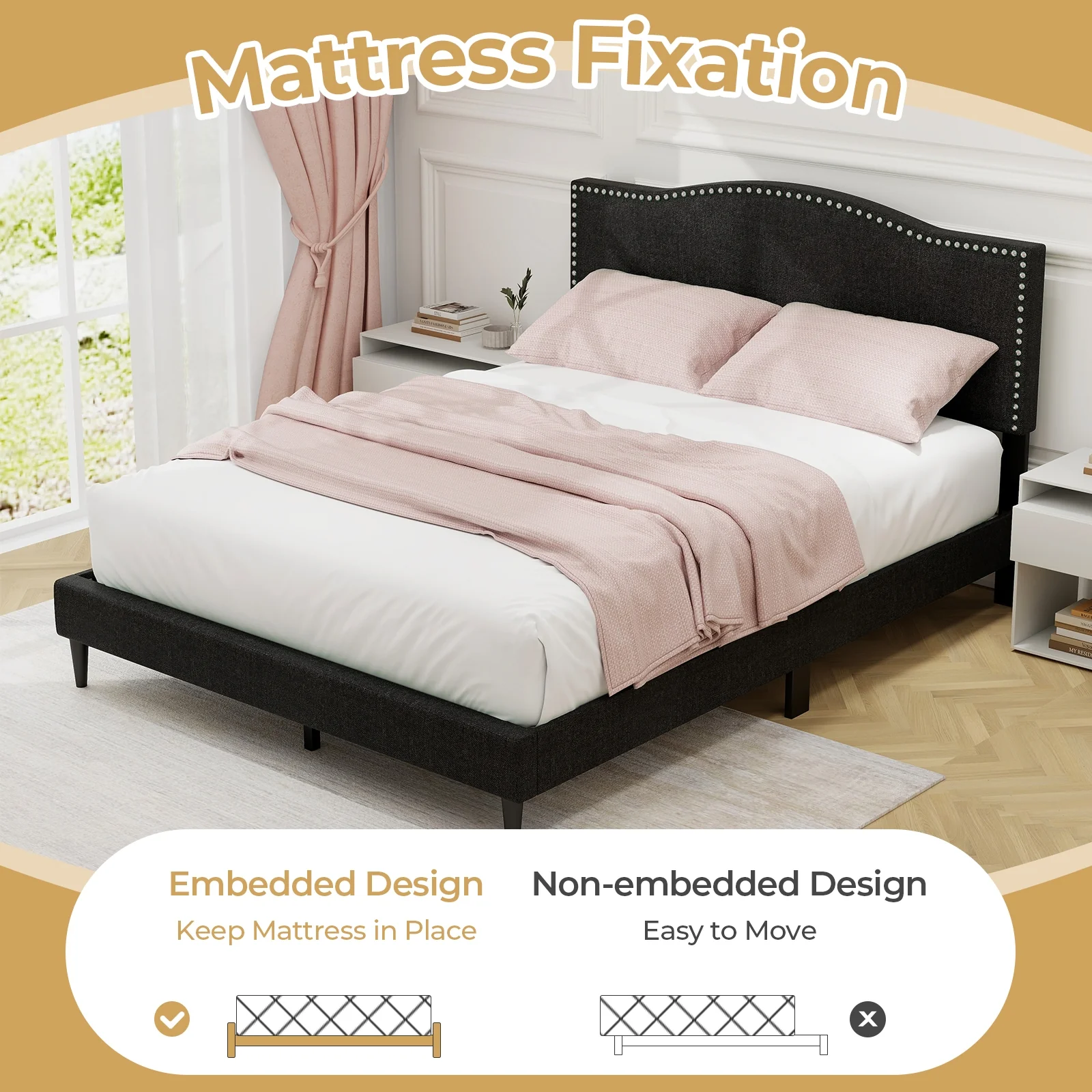 Queen Size Upholstered Bed Frame, Nailhead Trim Headboard, Black - Image 8