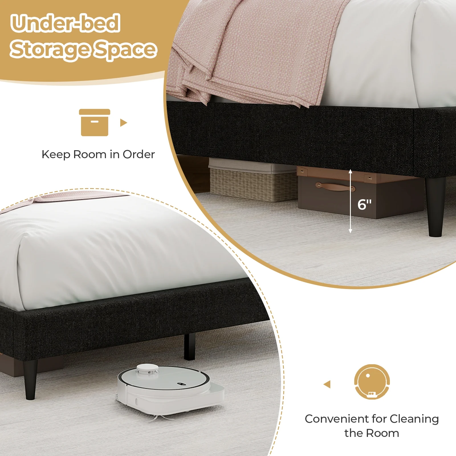 Queen Size Upholstered Bed Frame, Nailhead Trim Headboard, Black - Image 9