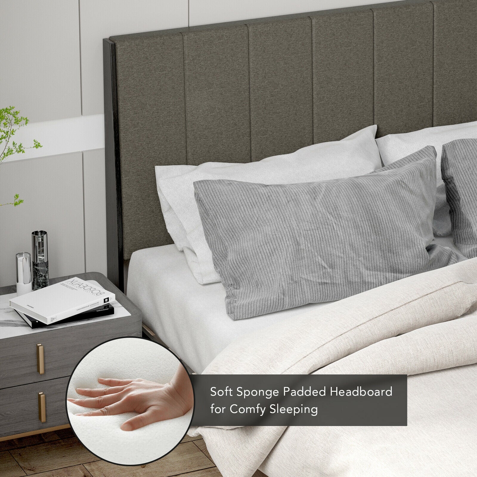 Queen Size Upholstered Bed Frame, Tufted Headboard, Gray - Image 10