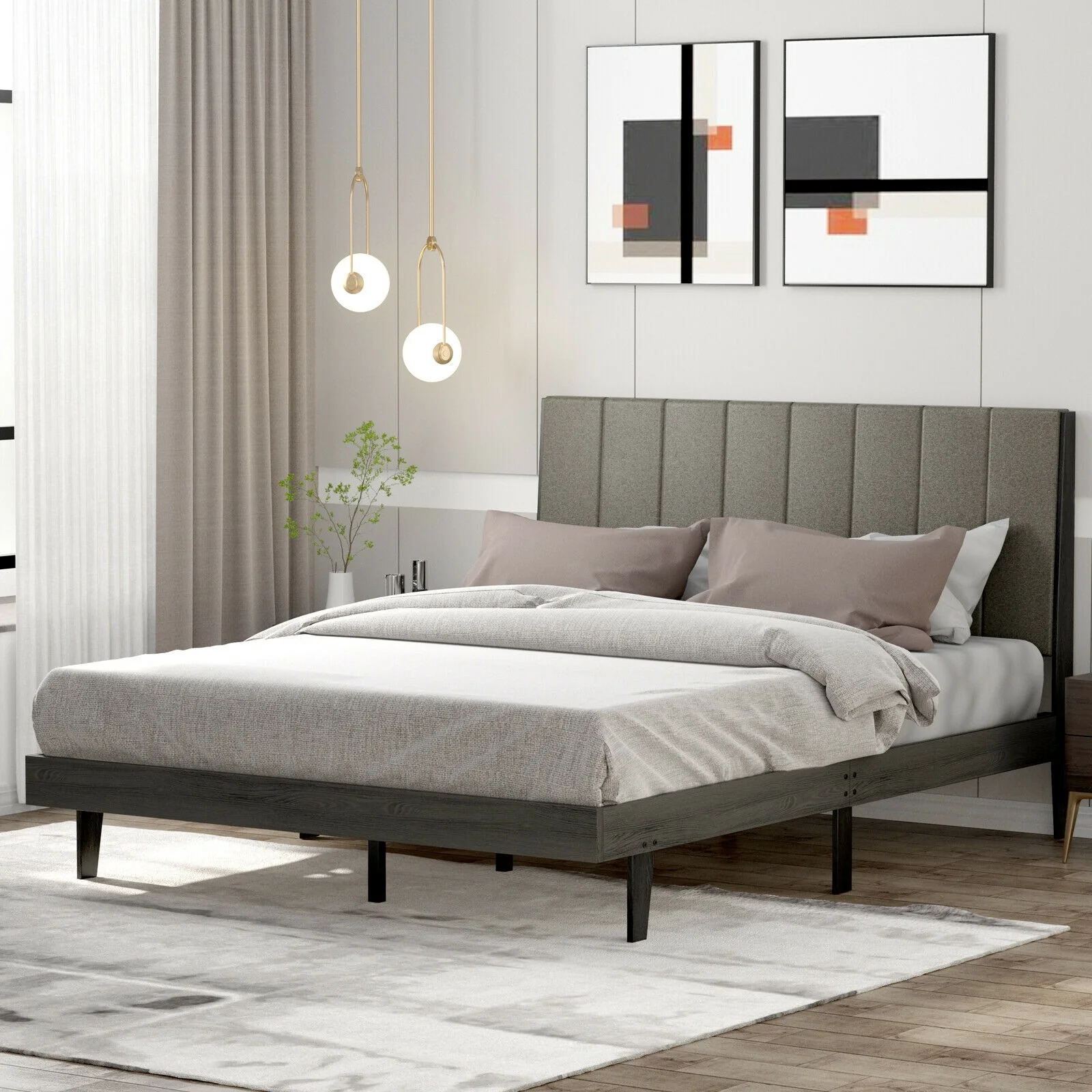 Queen Size Upholstered Bed Frame, Tufted Headboard, Gray - Image 3