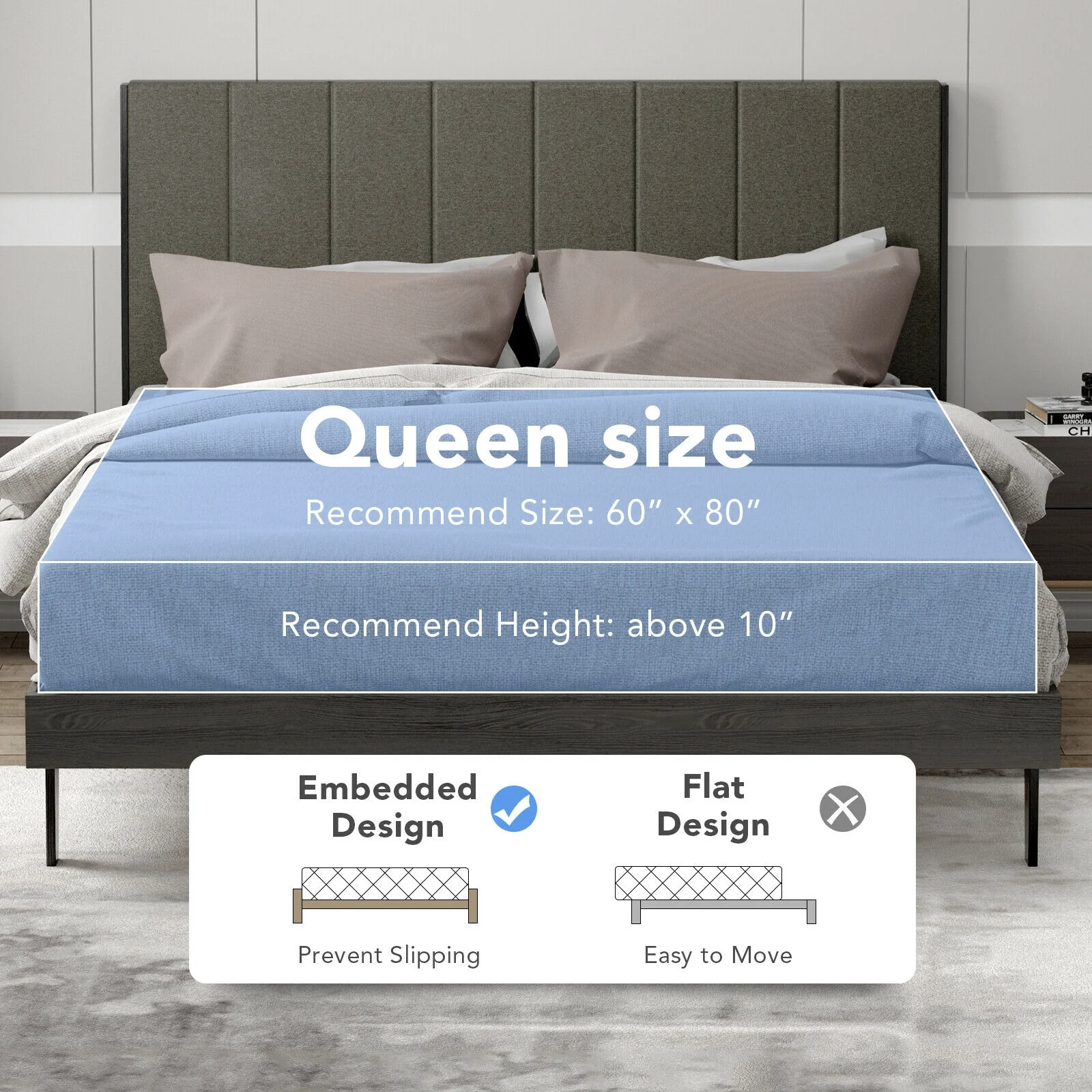 Queen Size Upholstered Bed Frame, Tufted Headboard, Gray - Image 4
