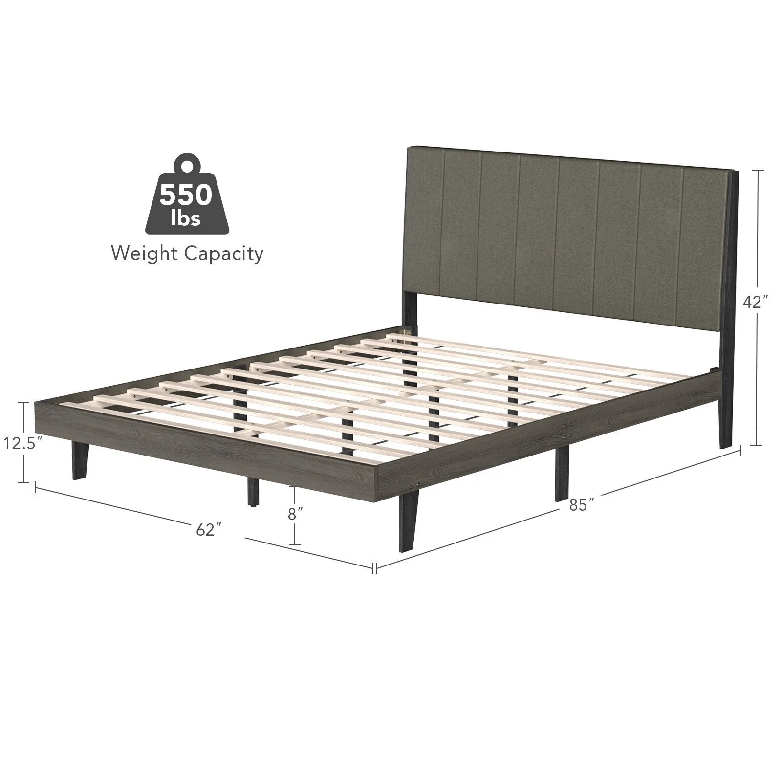 Queen Size Upholstered Bed Frame, Tufted Headboard, Gray - Image 6