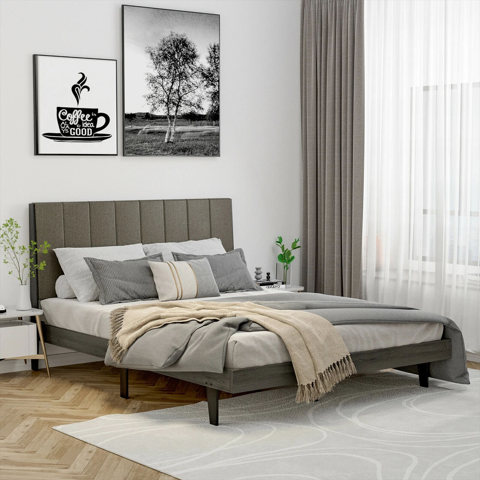 Queen Size Upholstered Bed Frame, Tufted Headboard, Gray - Image 8