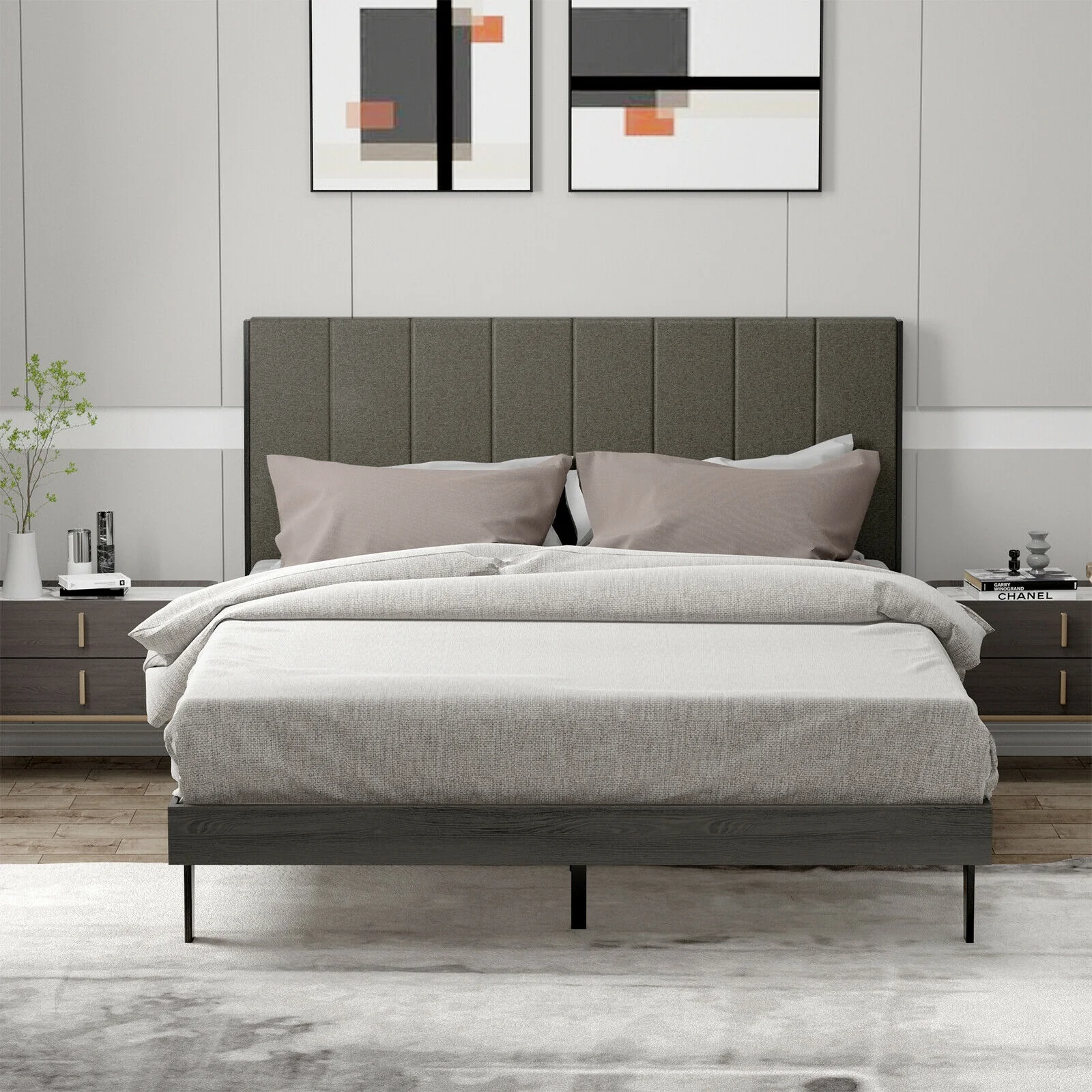 Queen Size Upholstered Bed Frame, Tufted Headboard, Gray - Image 9