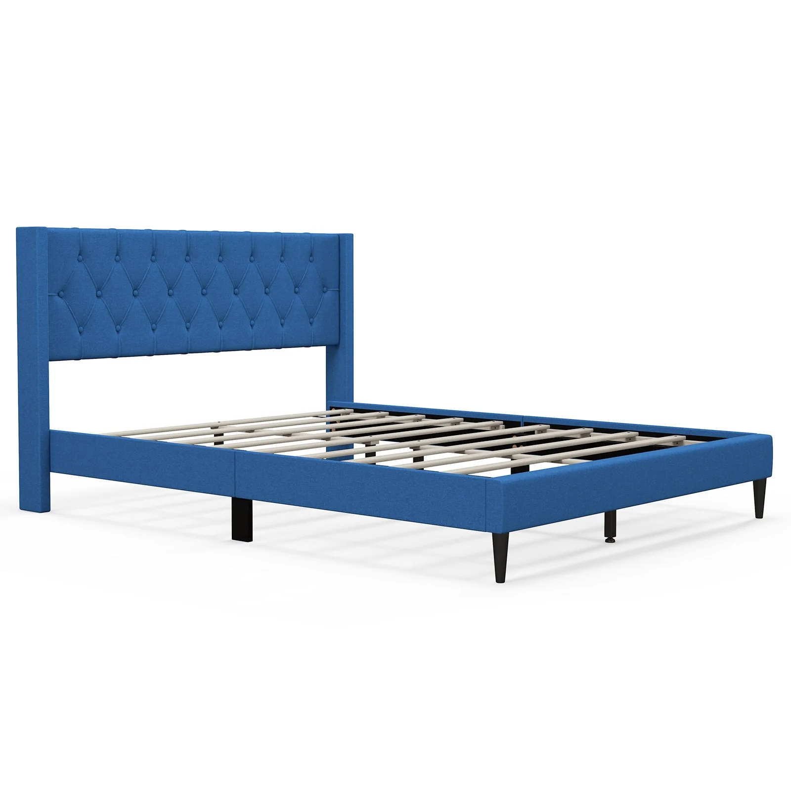 Queen Size Upholstered Platform Bed, Button Tufted Wingback Headboard, Blue