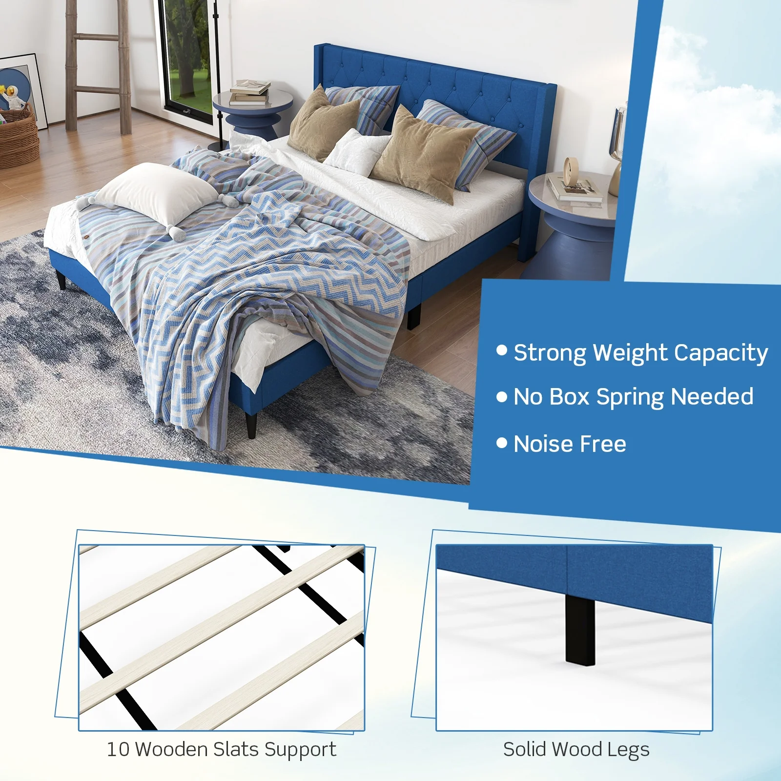 Queen Size Upholstered Platform Bed, Button Tufted Wingback Headboard, Blue - Image 10