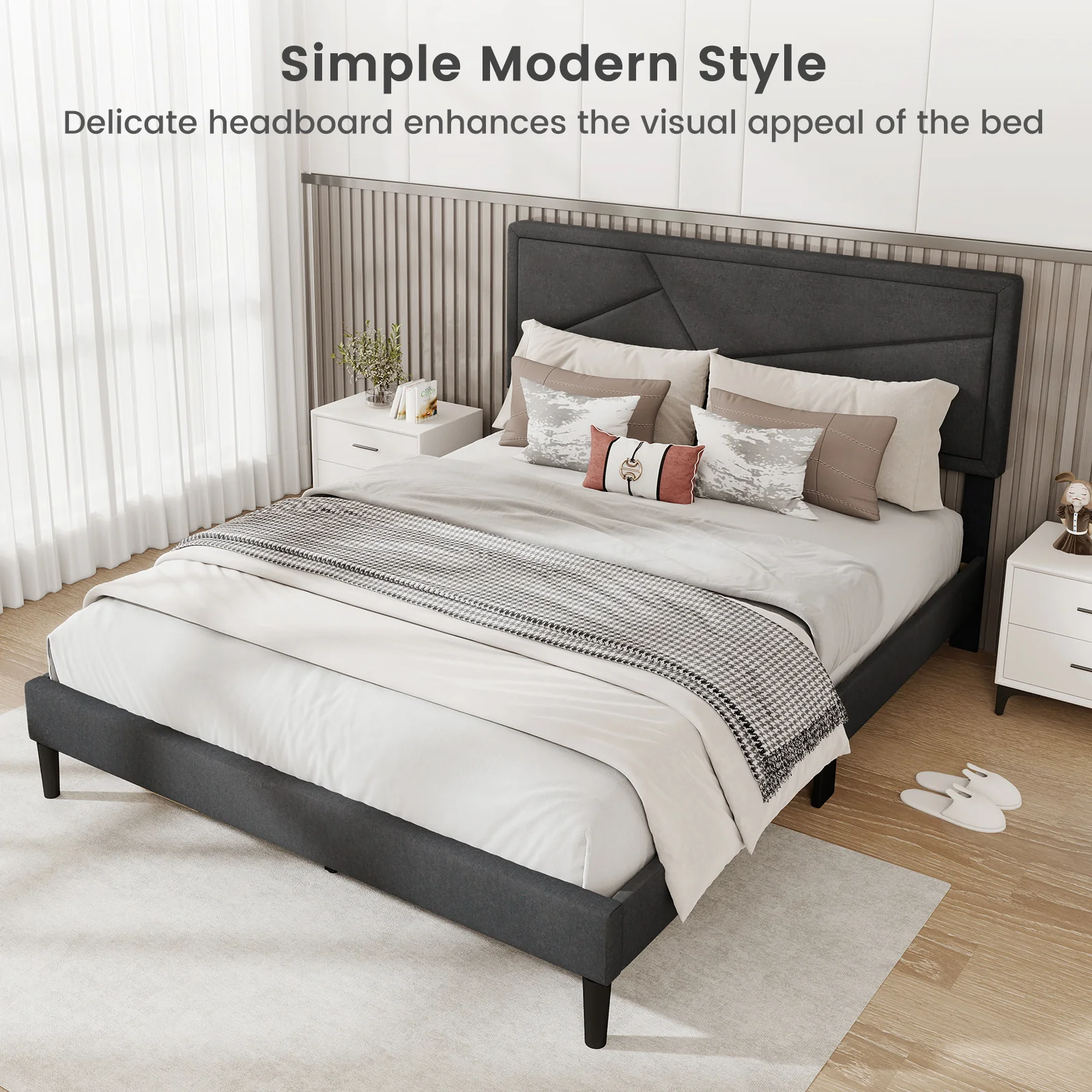 Queen Size Upholstered Platform Bed Frame, Gray - Image 10