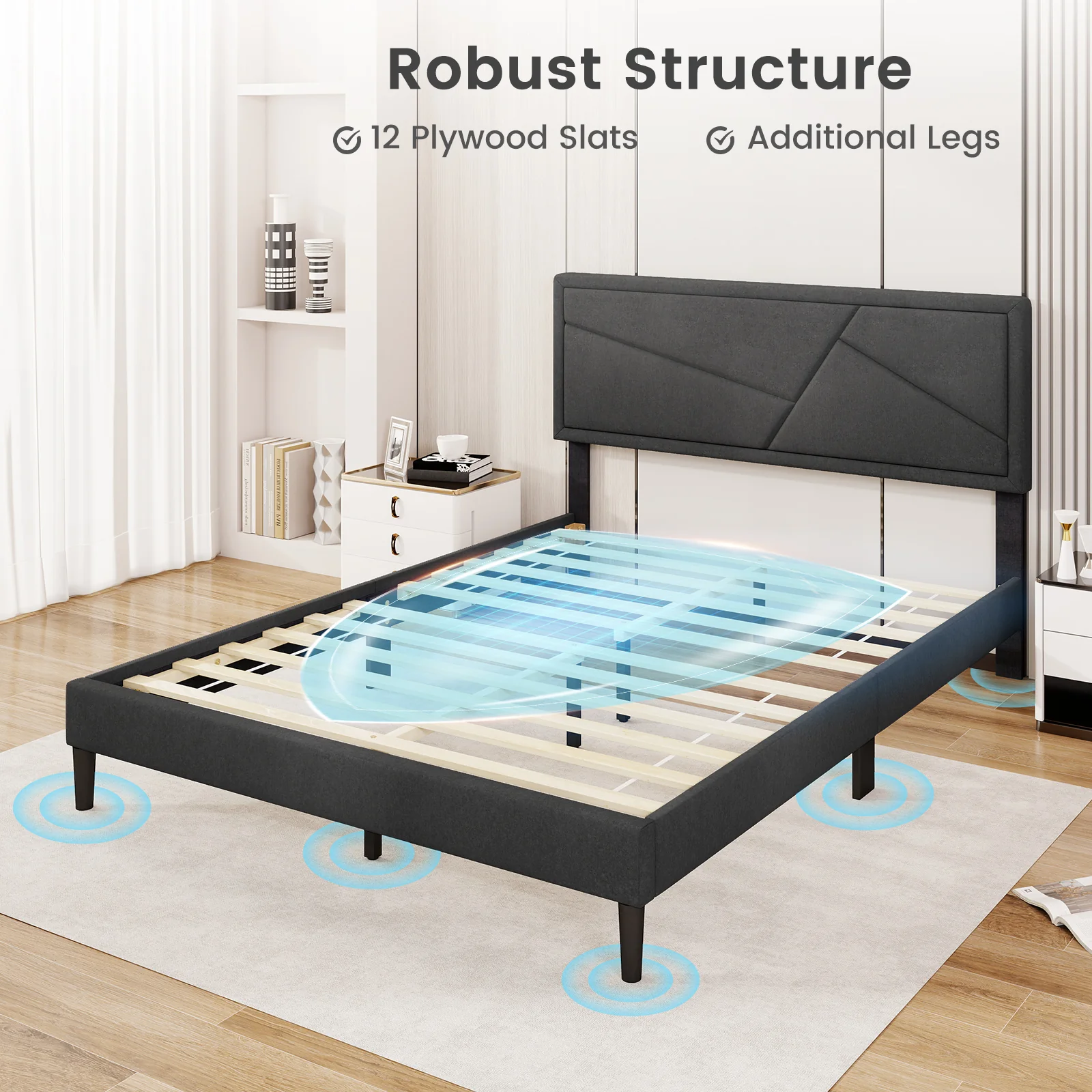 Queen Size Upholstered Platform Bed Frame, Gray - Image 7