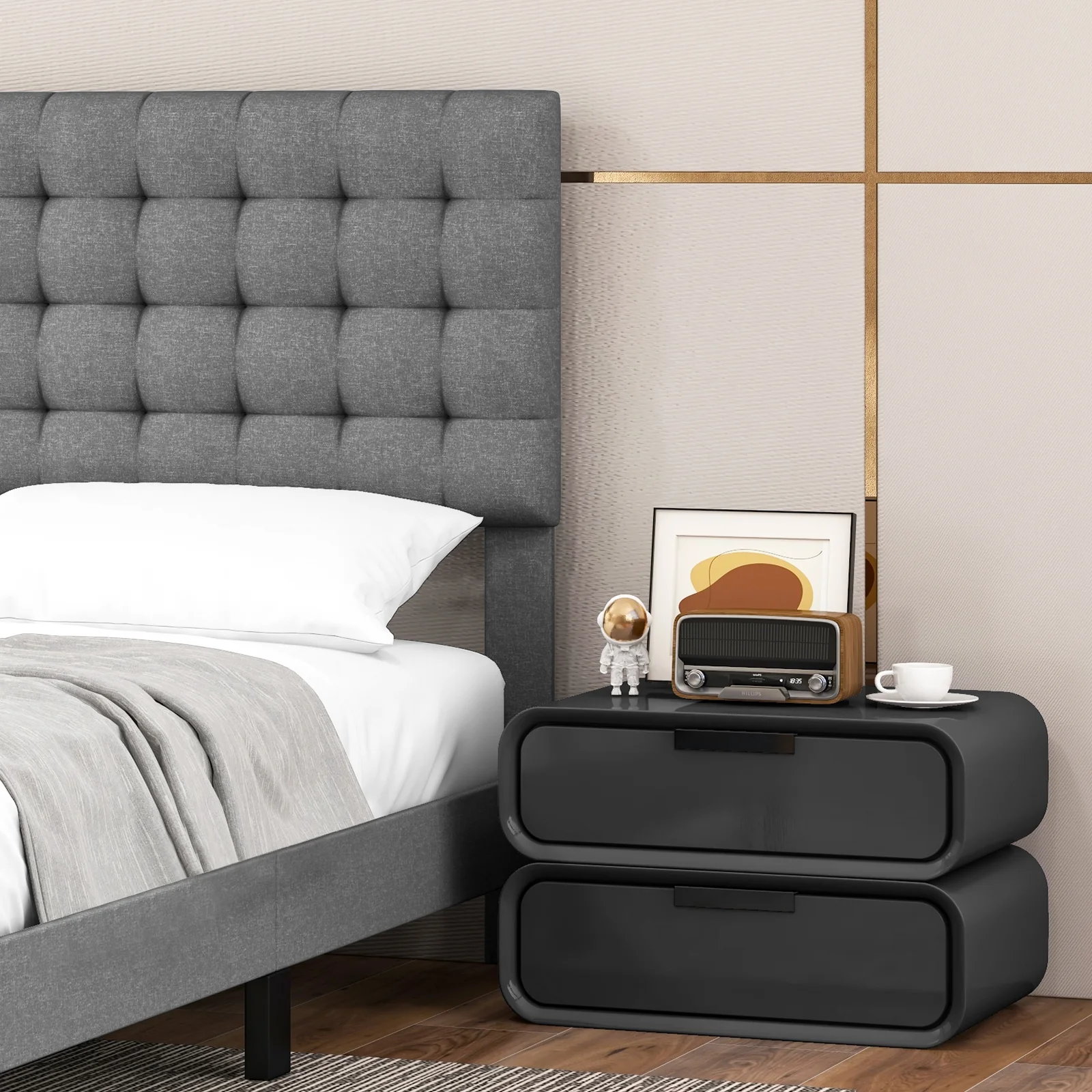 Queen Size Upholstered Platform Bed, Square Stitched Headboard - Image 10