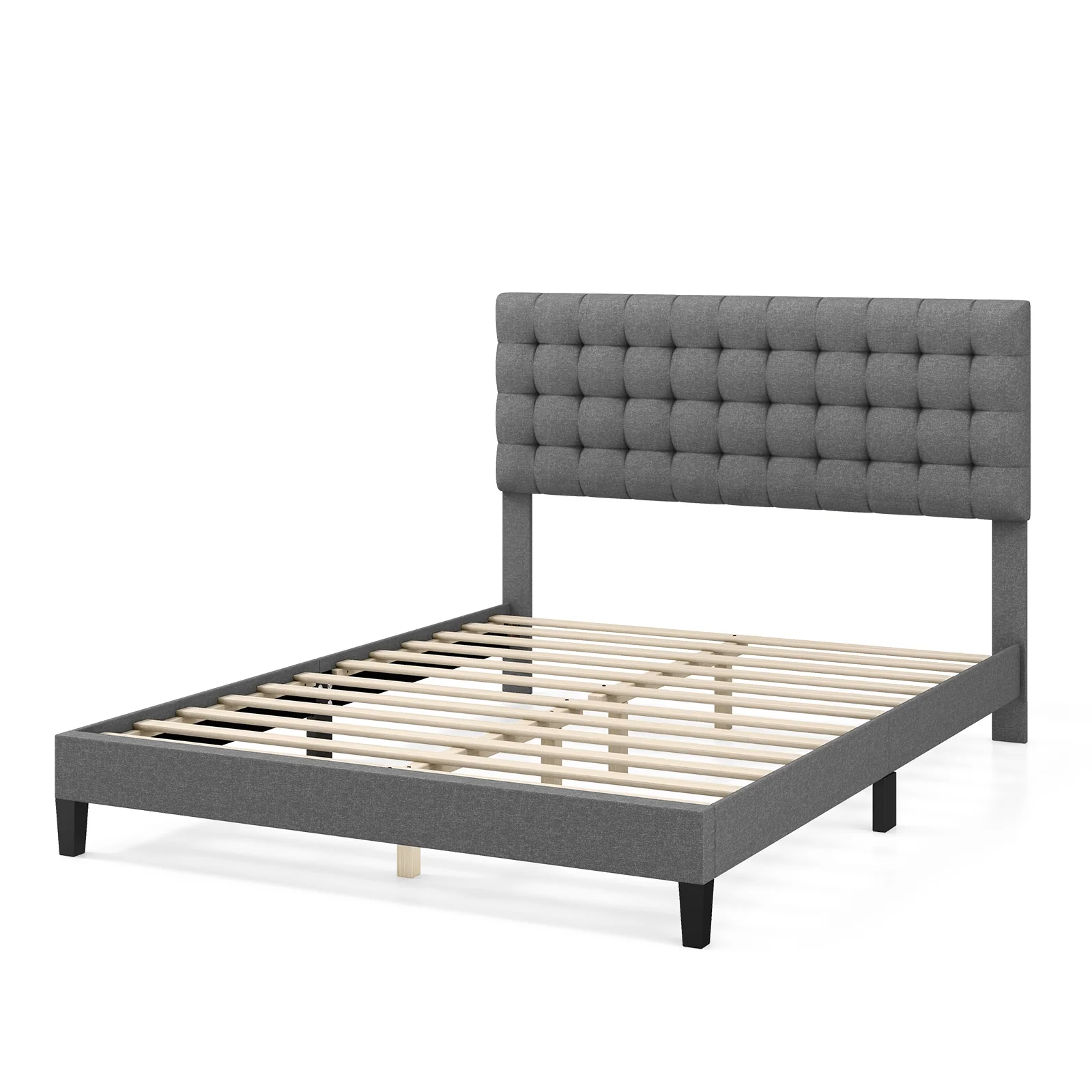 Queen Size Upholstered Platform Bed, Square Stitched Headboard - Image 4