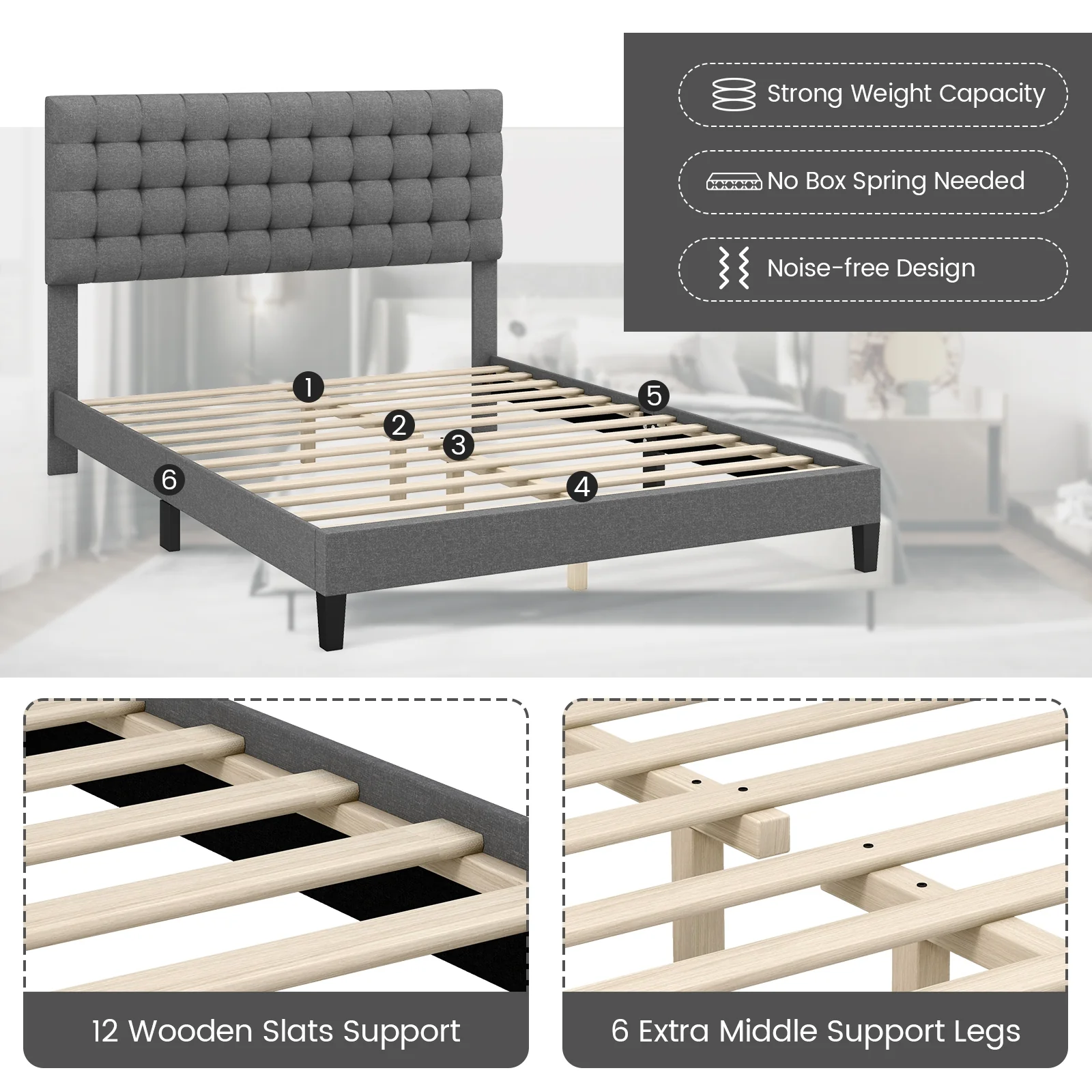 Queen Size Upholstered Platform Bed, Square Stitched Headboard - Image 7