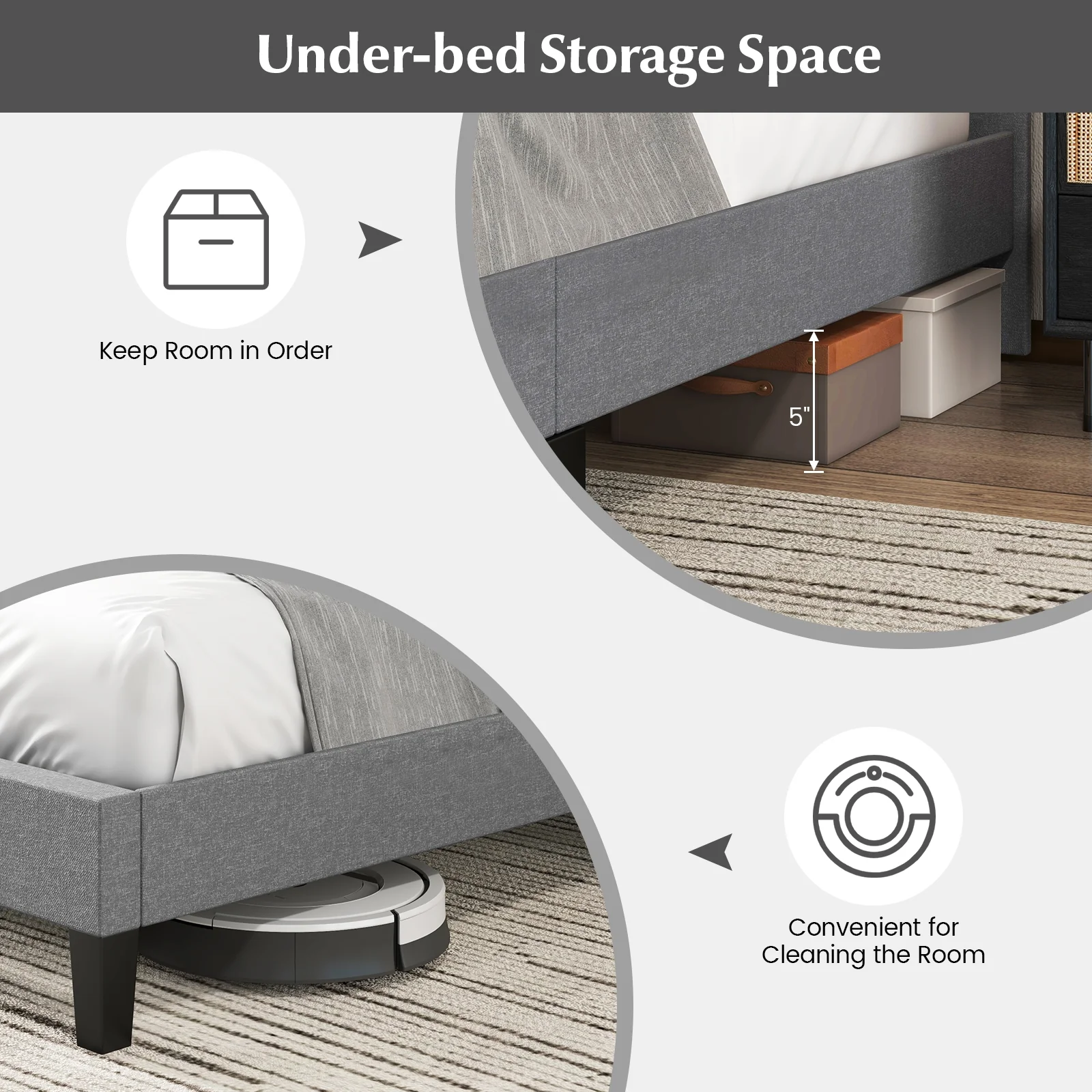 Queen Size Upholstered Platform Bed, Square Stitched Headboard - Image 9