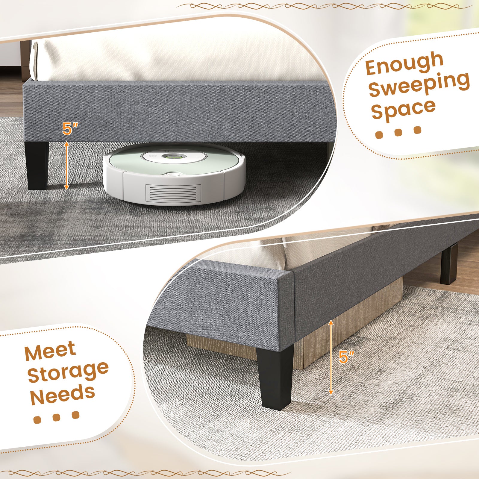 Queen Size Upholstered Platform Bed with Button Tufted Headboard-Queen & Gray - Image 7
