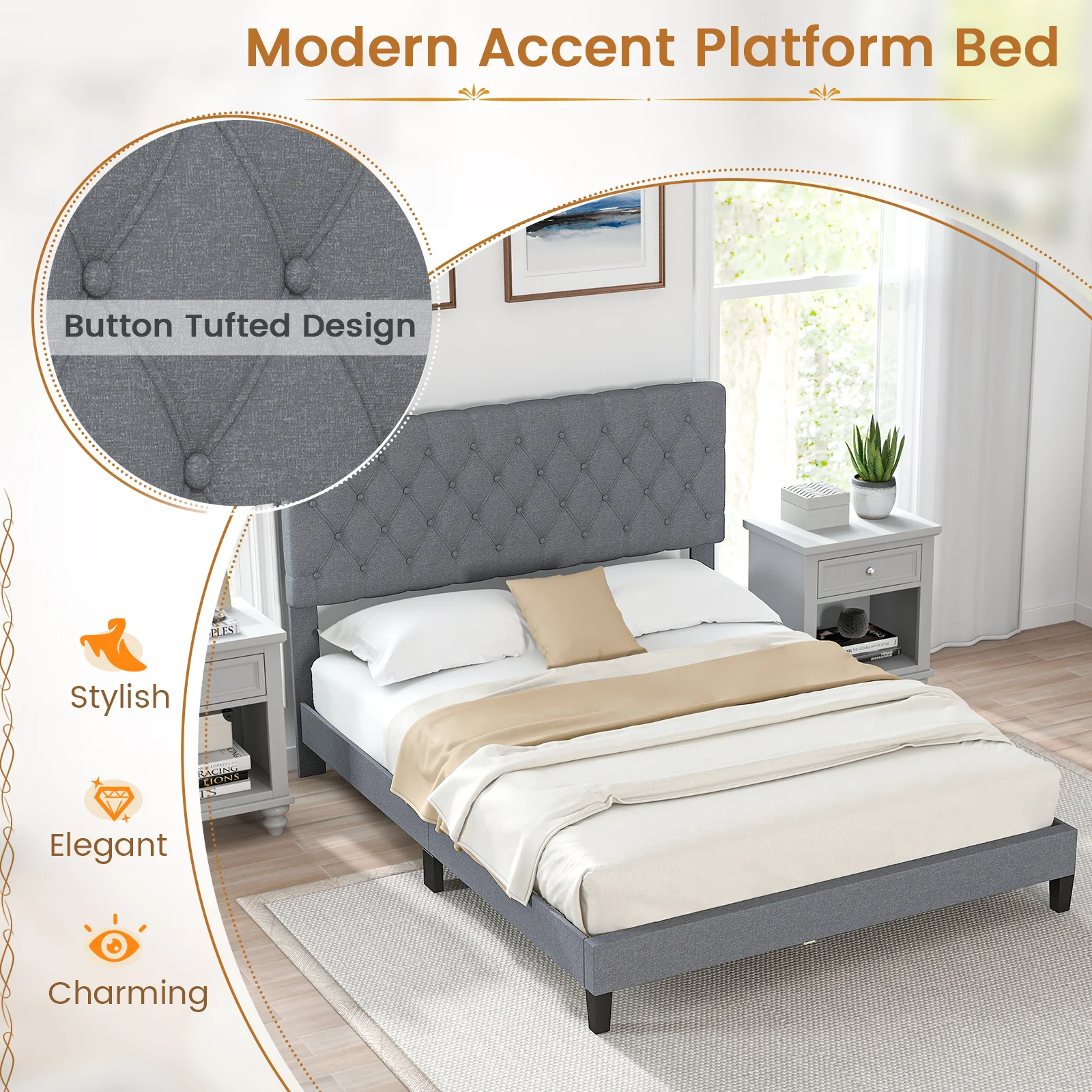 Queen Size Upholstered Platform Bed with Button Tufted Headboard-Queen & Gray - Image 8