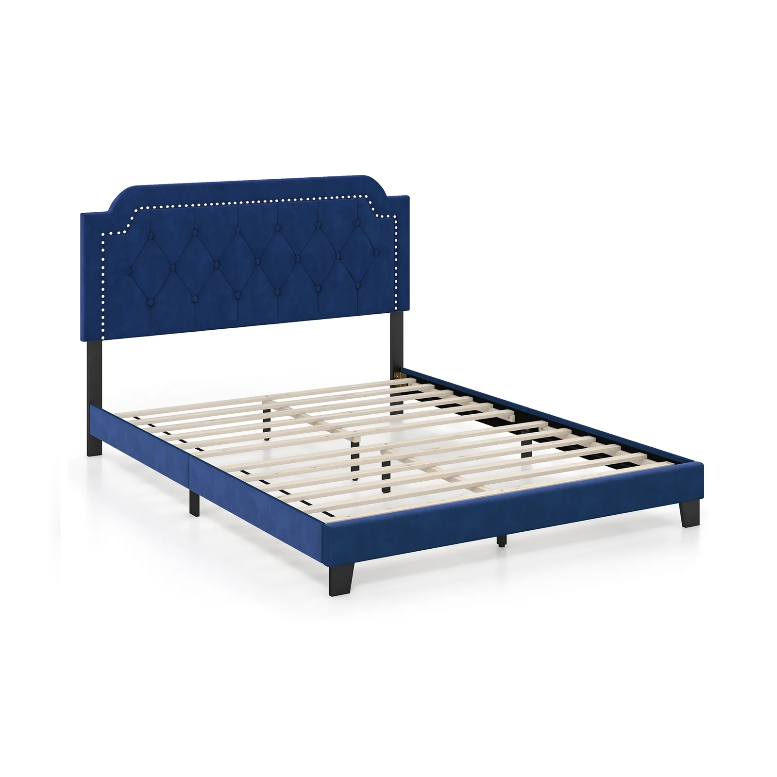 Queen Size Velvet Bed Frame, Button Tufted Headboard, Blue