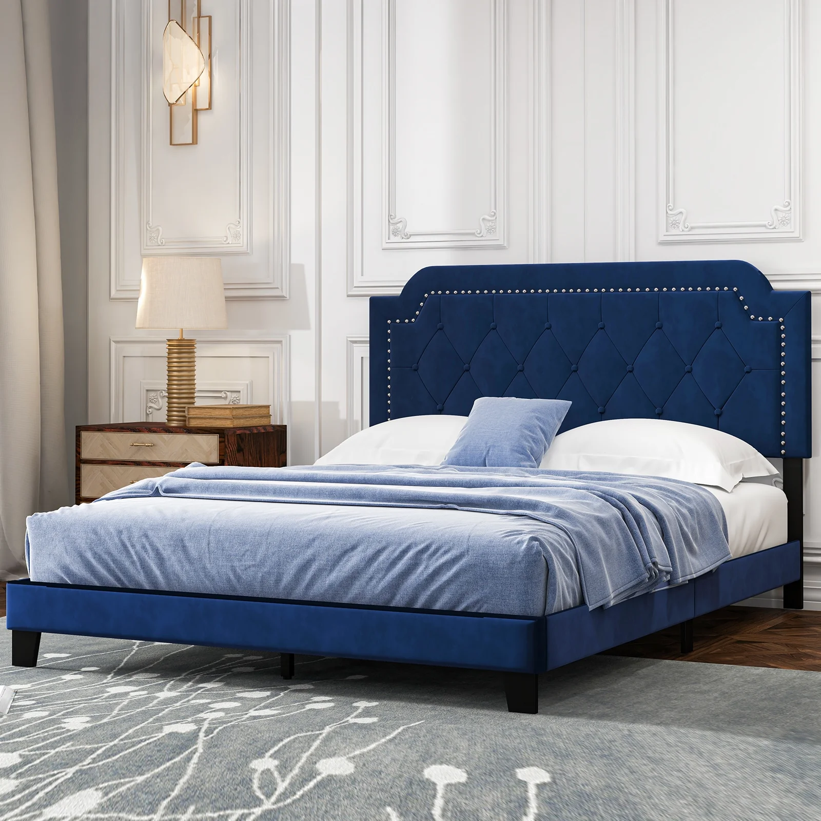 Queen Size Velvet Bed Frame, Button Tufted Headboard, Blue - Image 2