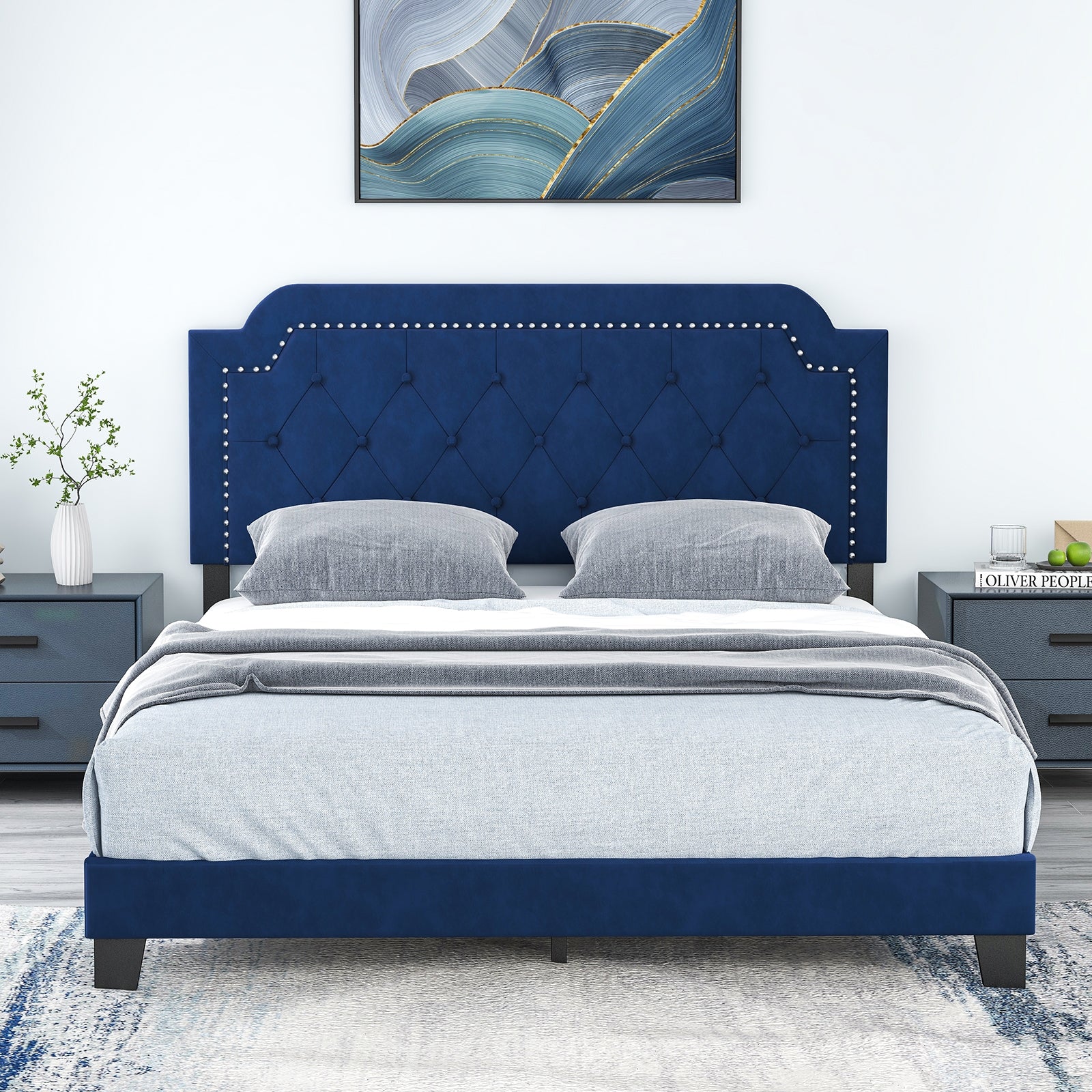 Queen Size Velvet Bed Frame, Button Tufted Headboard, Blue - Image 3