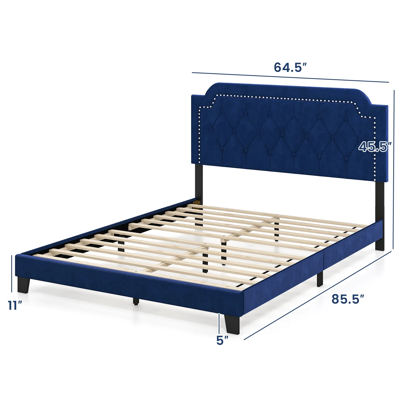 Queen Size Velvet Bed Frame, Button Tufted Headboard, Blue - Image 5