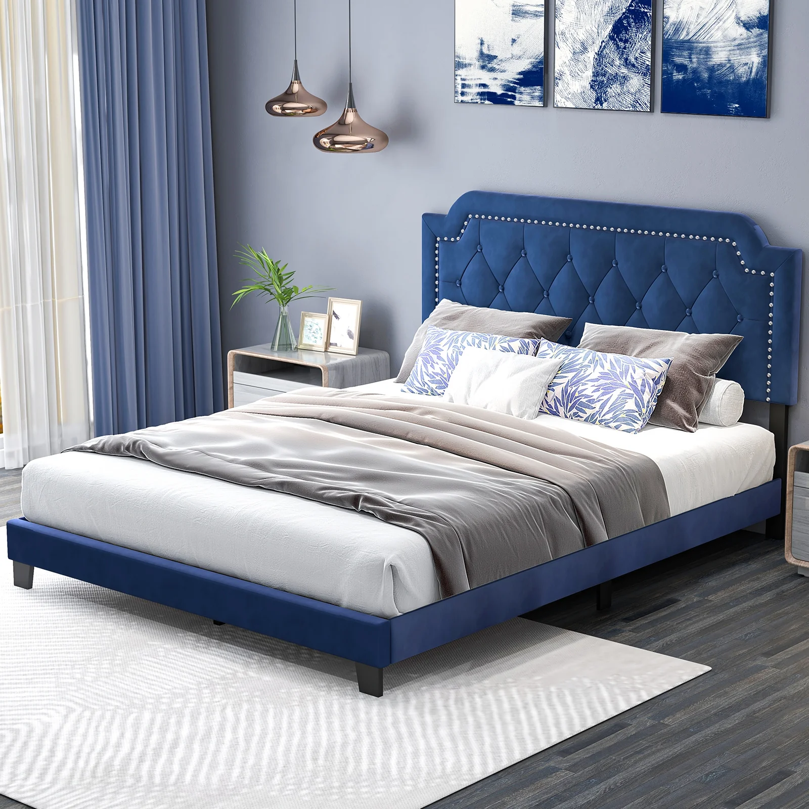 Queen Size Velvet Bed Frame, Button Tufted Headboard, Blue - Image 6