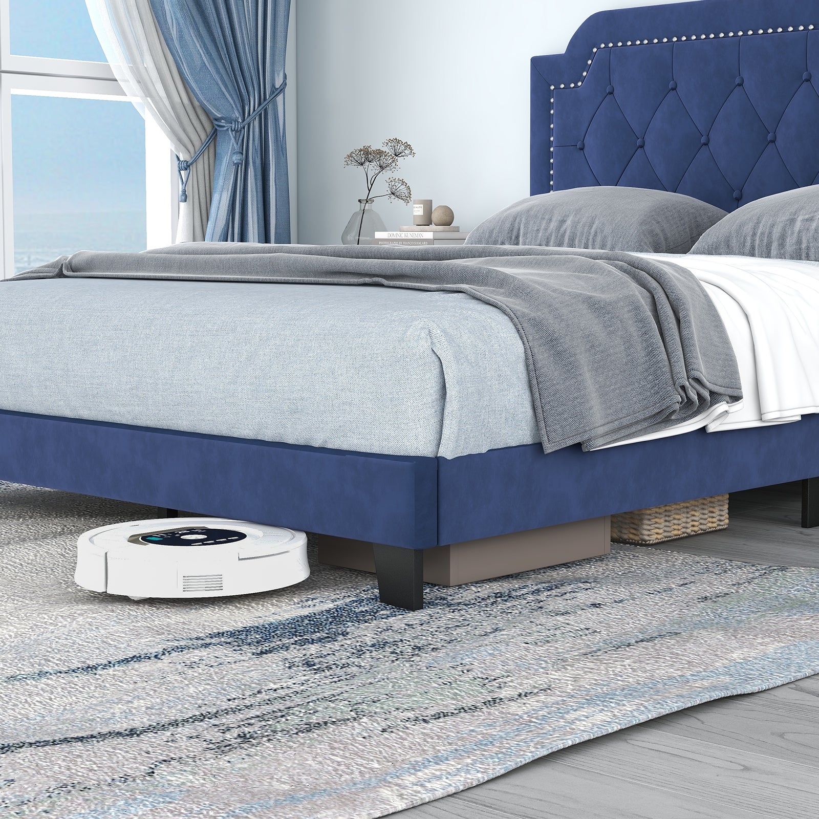 Queen Size Velvet Bed Frame, Button Tufted Headboard, Blue - Image 7