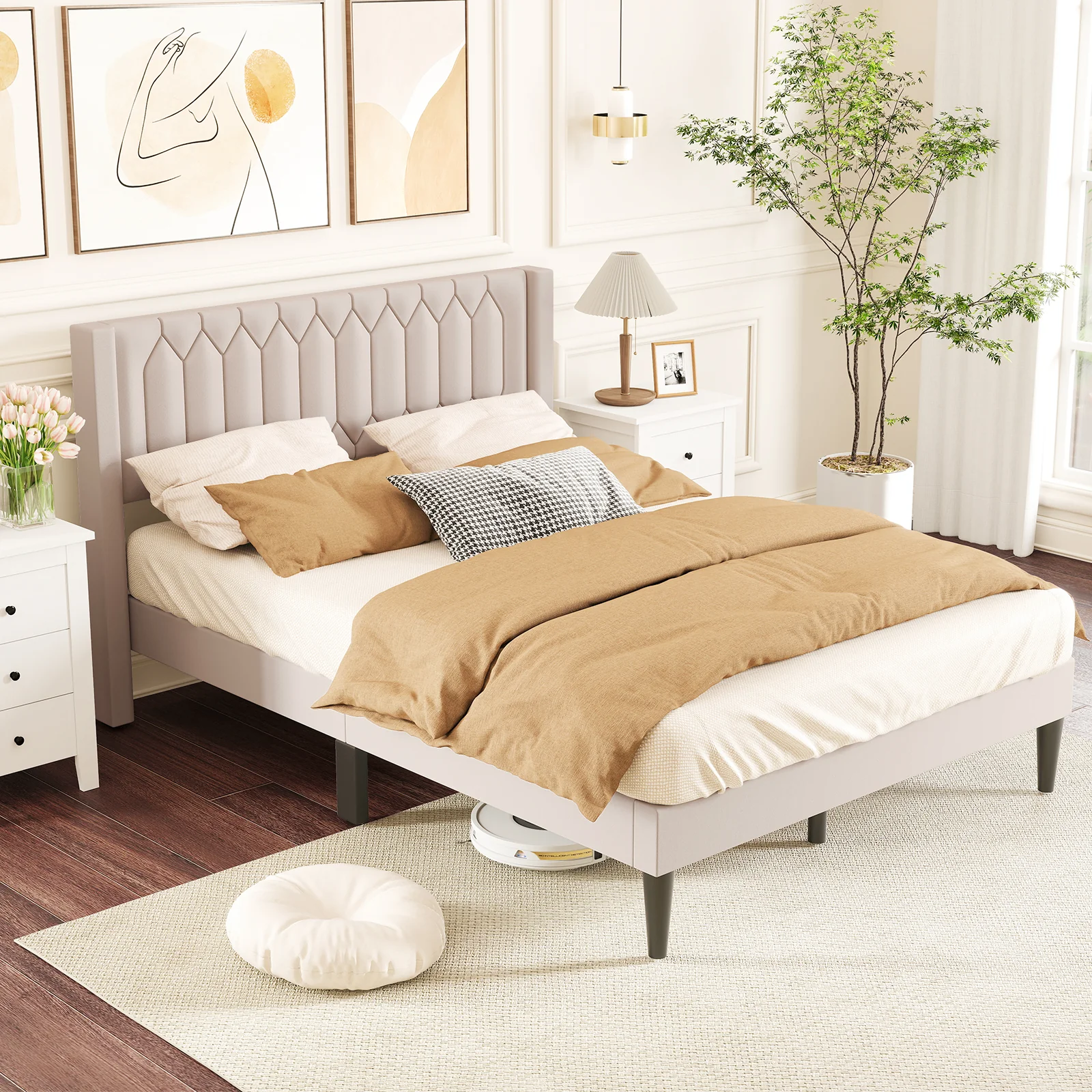 Queen Size Velvet Linen Upholstered Platform Bed With Wingback Headboard, Beige - Image 3