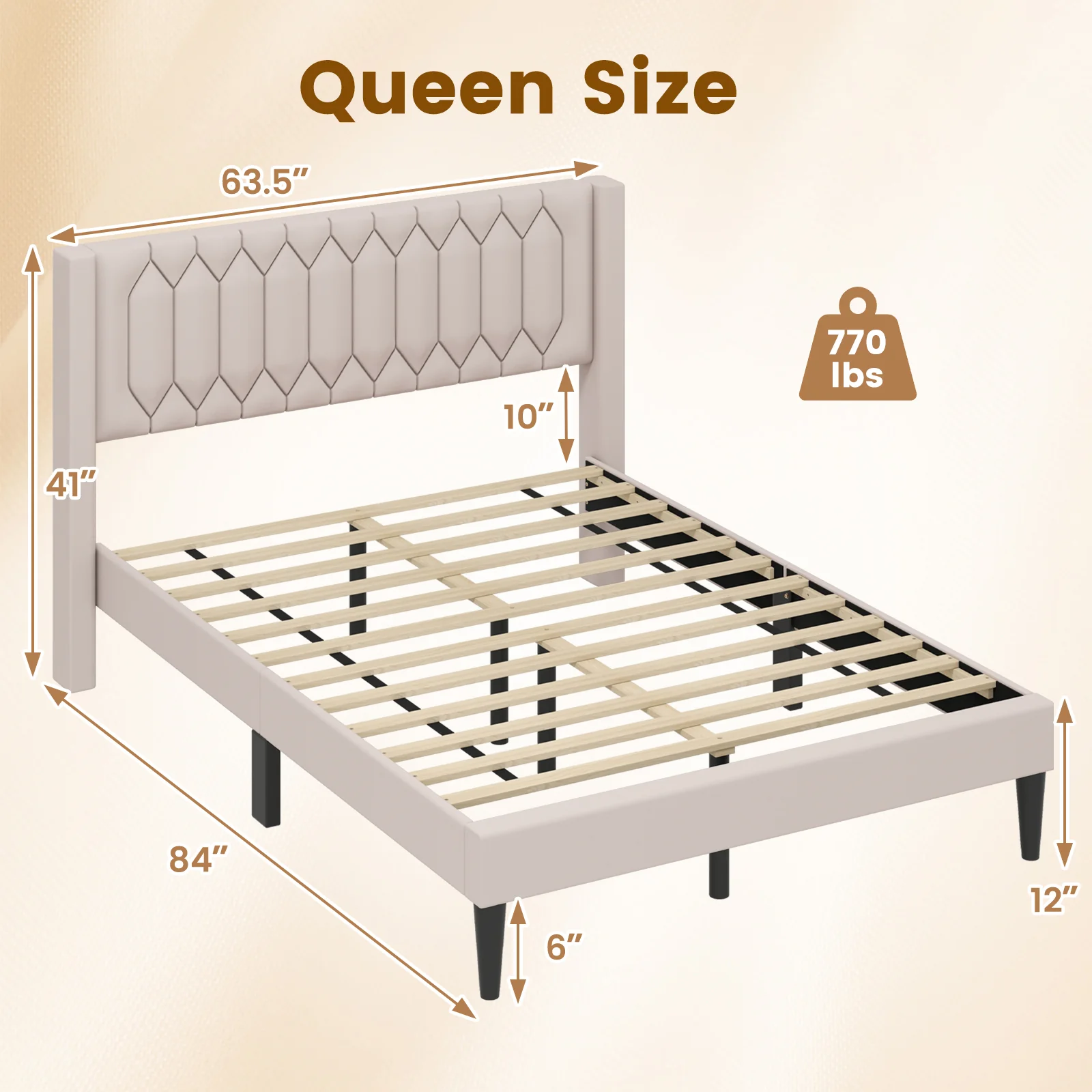 Queen Size Velvet Linen Upholstered Platform Bed With Wingback Headboard, Beige - Image 5
