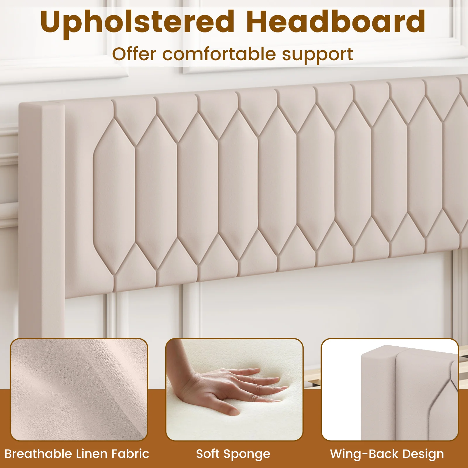 Queen Size Velvet Linen Upholstered Platform Bed With Wingback Headboard, Beige - Image 6
