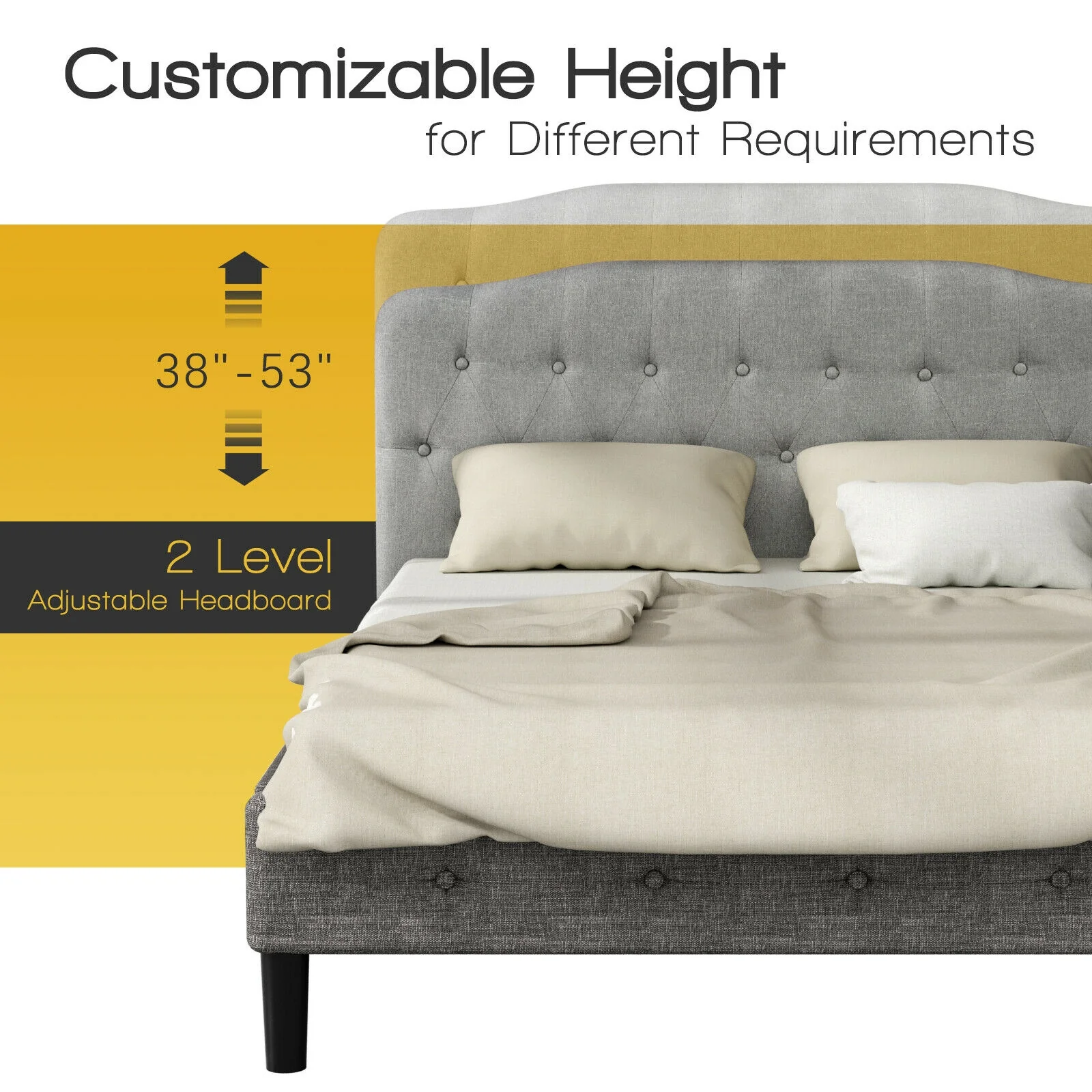 Queen Upholstered Headboard, Adjustable Height, Light Gray - Image 3